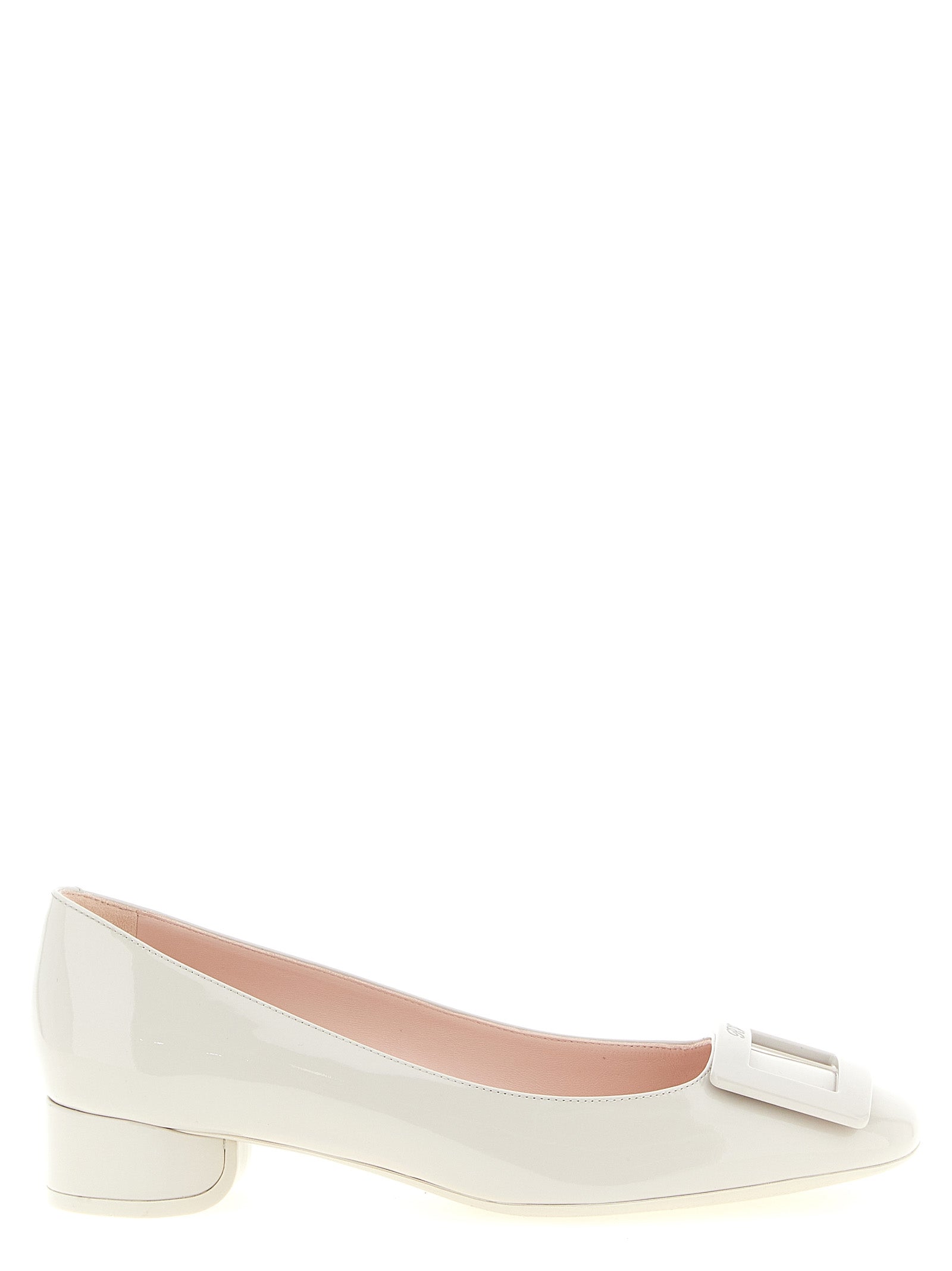 Mid-Heel Pumps Heels by Roger Vivier for women in patent calfskin leather gray & signature features an captivating silhouette, showcasing the elegant Women's Patent Calfskin Leather Mid-Heel Pumps Heels design with a mid-heel and a sophisticated square toe style.
