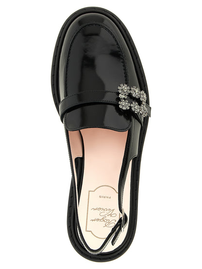Moccasins Loafers Slingback Flat Shoes by Roger Vivier for women in calfskin leather & crystal black & signature showcases a resplendent Efflorescence Viv Women's Calfskin Leather & Crystal Moccasins Loafers Slingback Flat Shoes aesthetic with a and .
