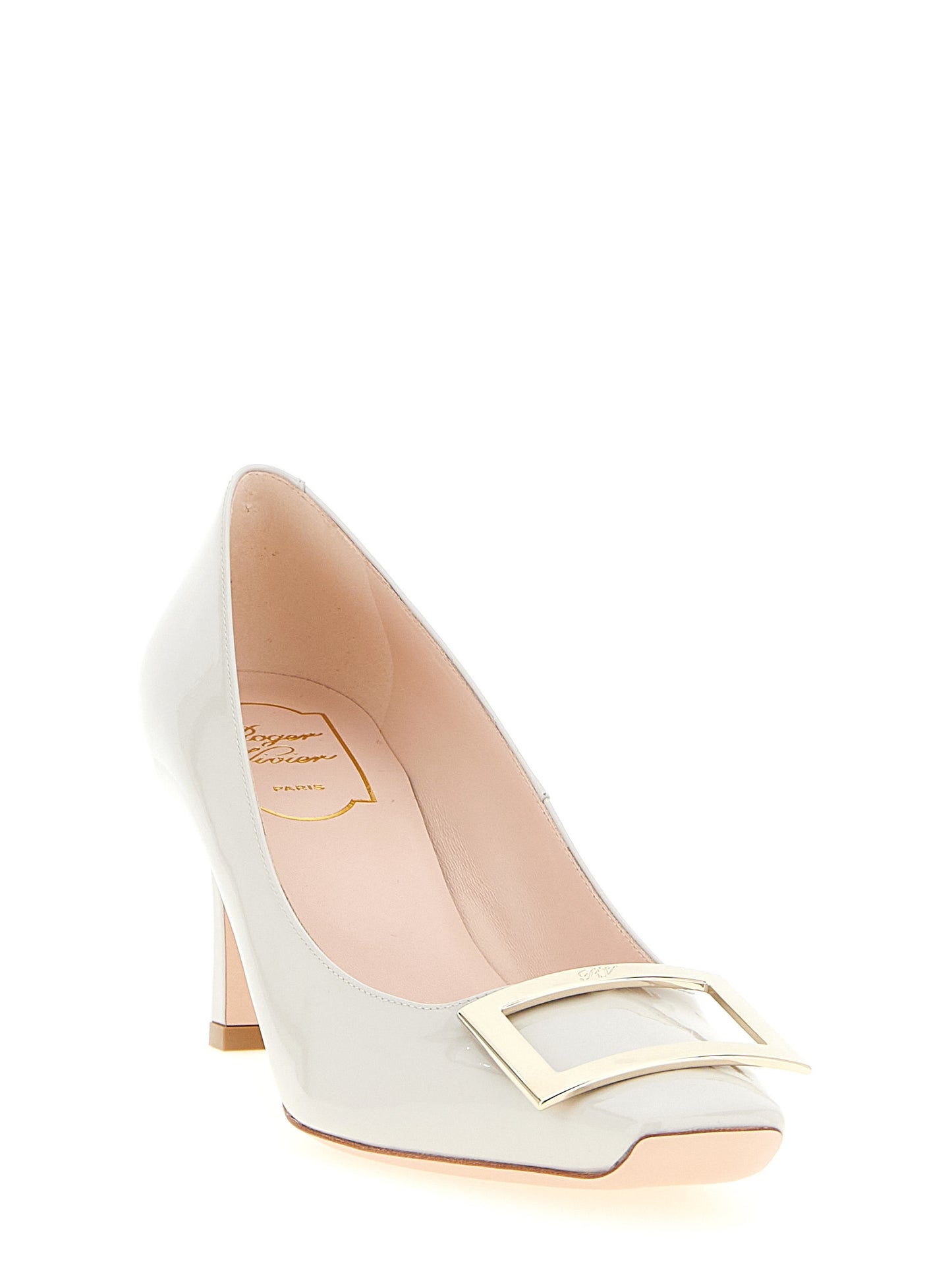 Mid-Heel Pumps Heels by Roger Vivier for women in patent calfskin leather gray & signature features a effortlessly chic Women's Patent Calfskin Leather Mid-Heel Pumps Heels design with a sophisticated mid-heel and elegant square toe style.