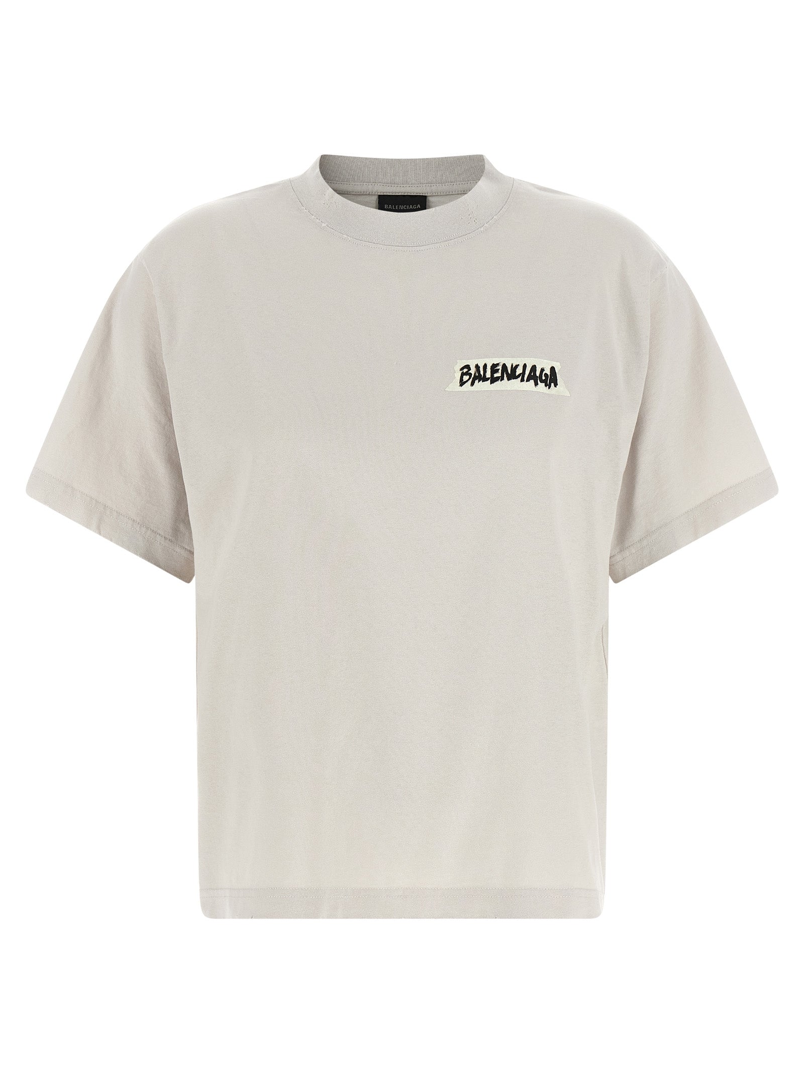 T-Shirt by Balenciaga for women in cotton gray & print showcases a dramatic silhouette, elegantly detailed with a dramatic crew neckline and for a truly dramatic finish.