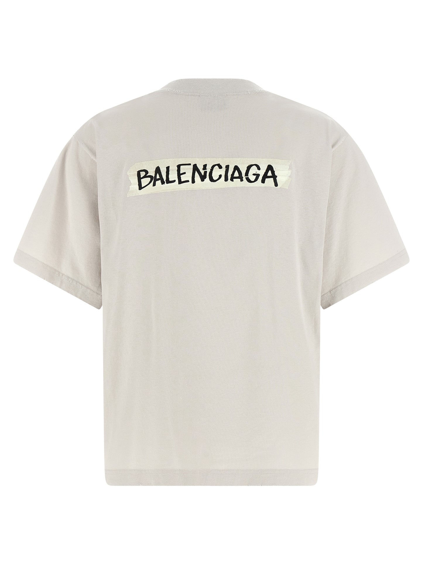 T-Shirt by Balenciaga for women in cotton gray & print showcases a unassuming silhouette, artfully detailed with a refined crew neckline and unassuming for a sophisticated, contemporary look.