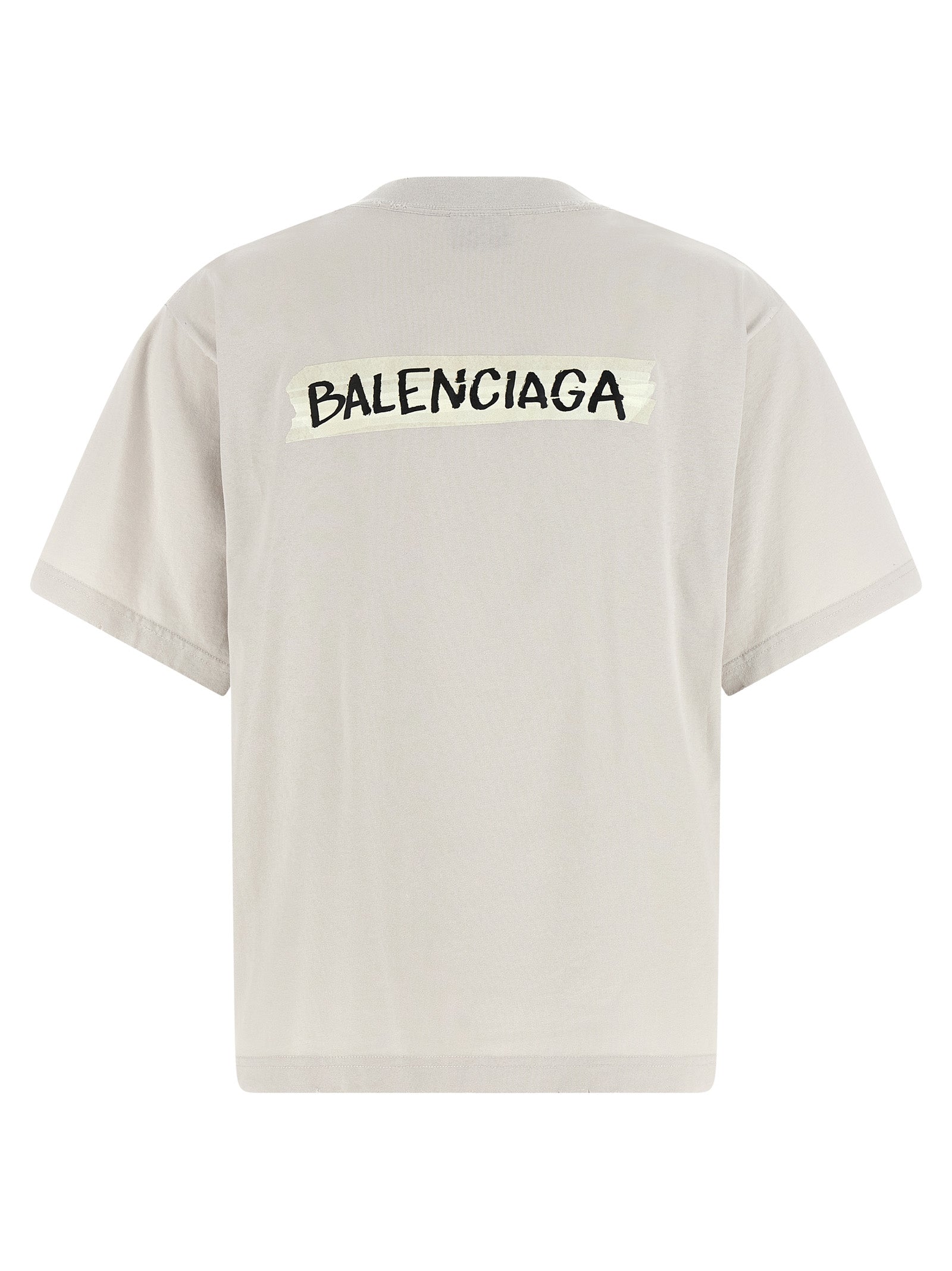 T-Shirt by Balenciaga for women in cotton gray & print showcases a unassuming silhouette, artfully detailed with a refined crew neckline and unassuming for a sophisticated, contemporary look.