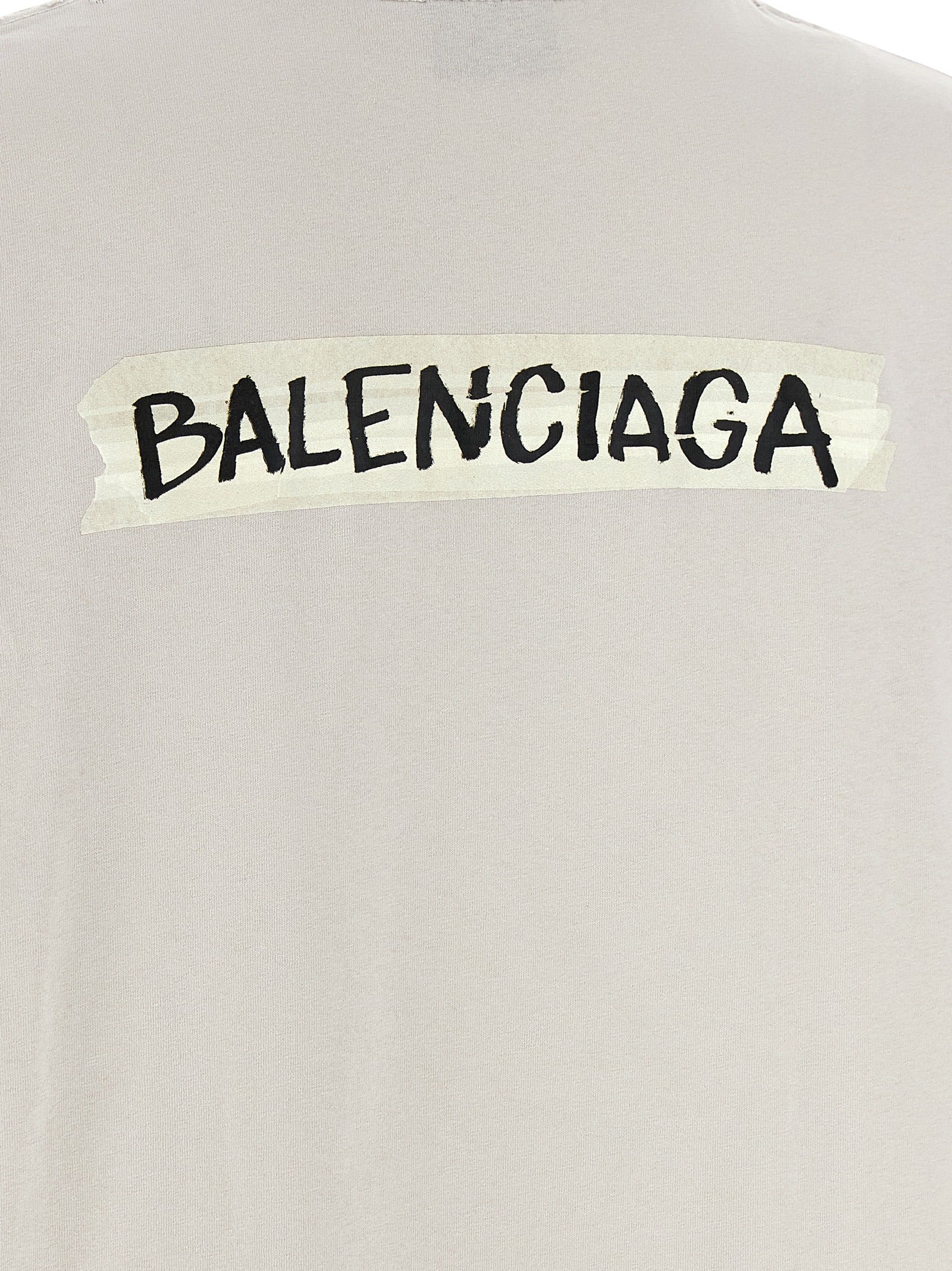 T-Shirt by Balenciaga for women in cotton gray & print showcases a fashionable silhouette, elegantly detailed with a fashionable and for a sophisticated, high-fashion look.
