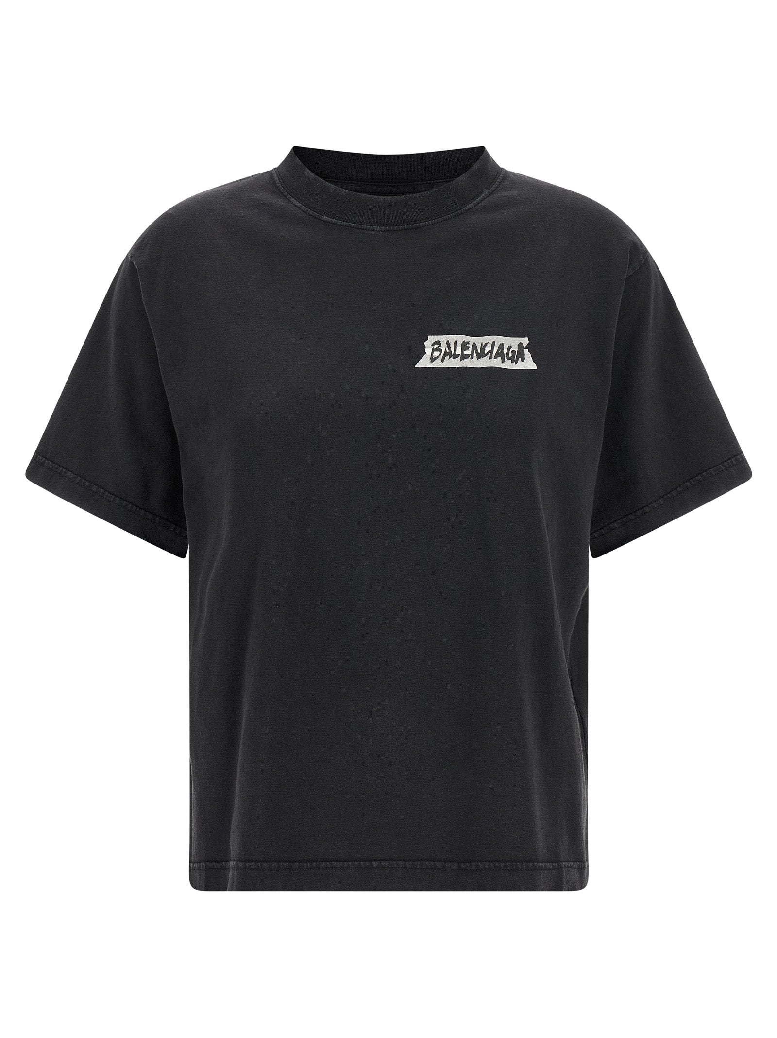 T-Shirt by Balenciaga for women in cotton black & print features an edgy silhouette, meticulously detailed with a sophisticated and for a truly edgy finish.