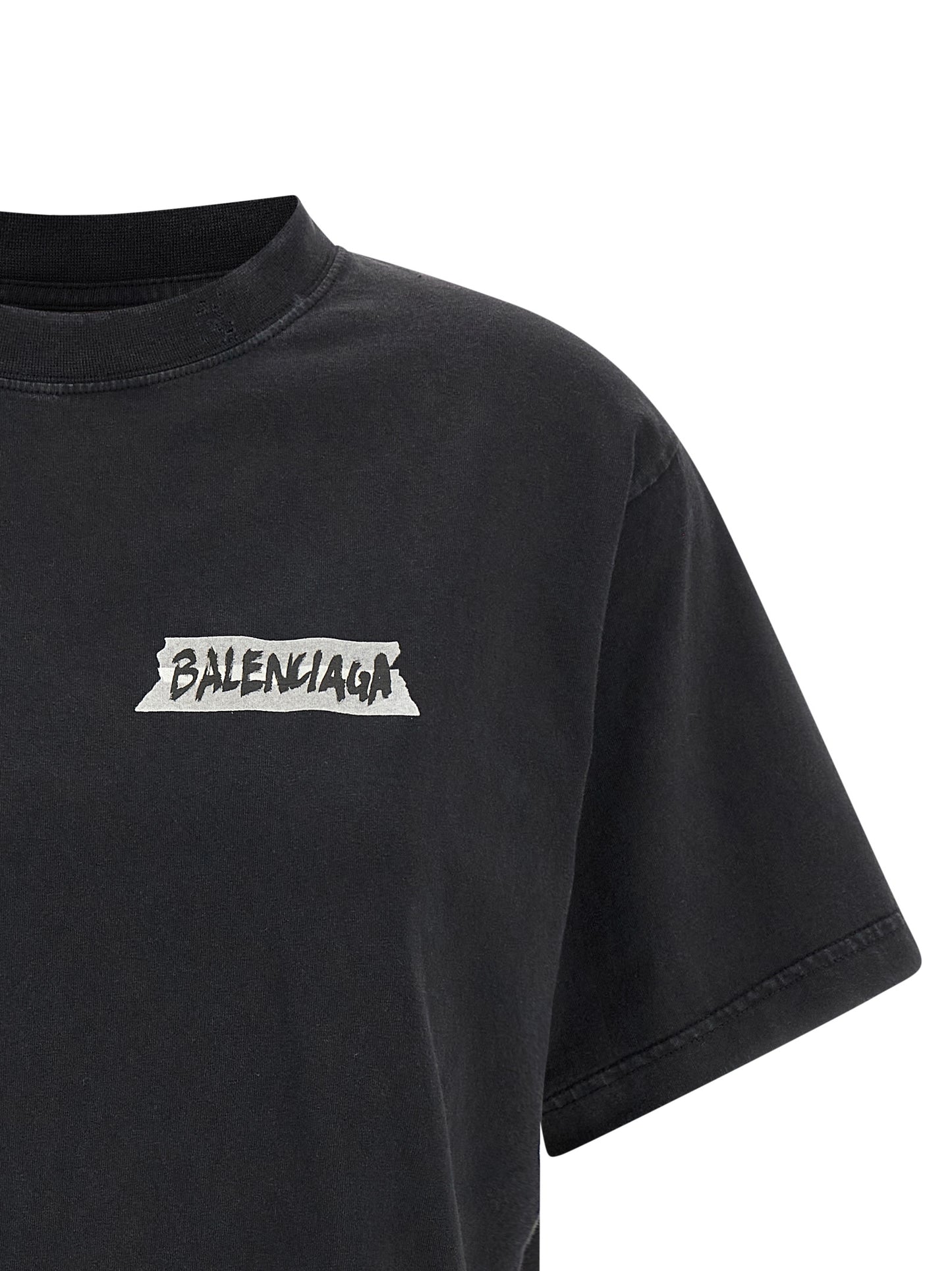 T-Shirt by Balenciaga for women in cotton black & print showcases a dramatic silhouette, elegantly detailed with a dramatic and for a truly dramatic finish.
