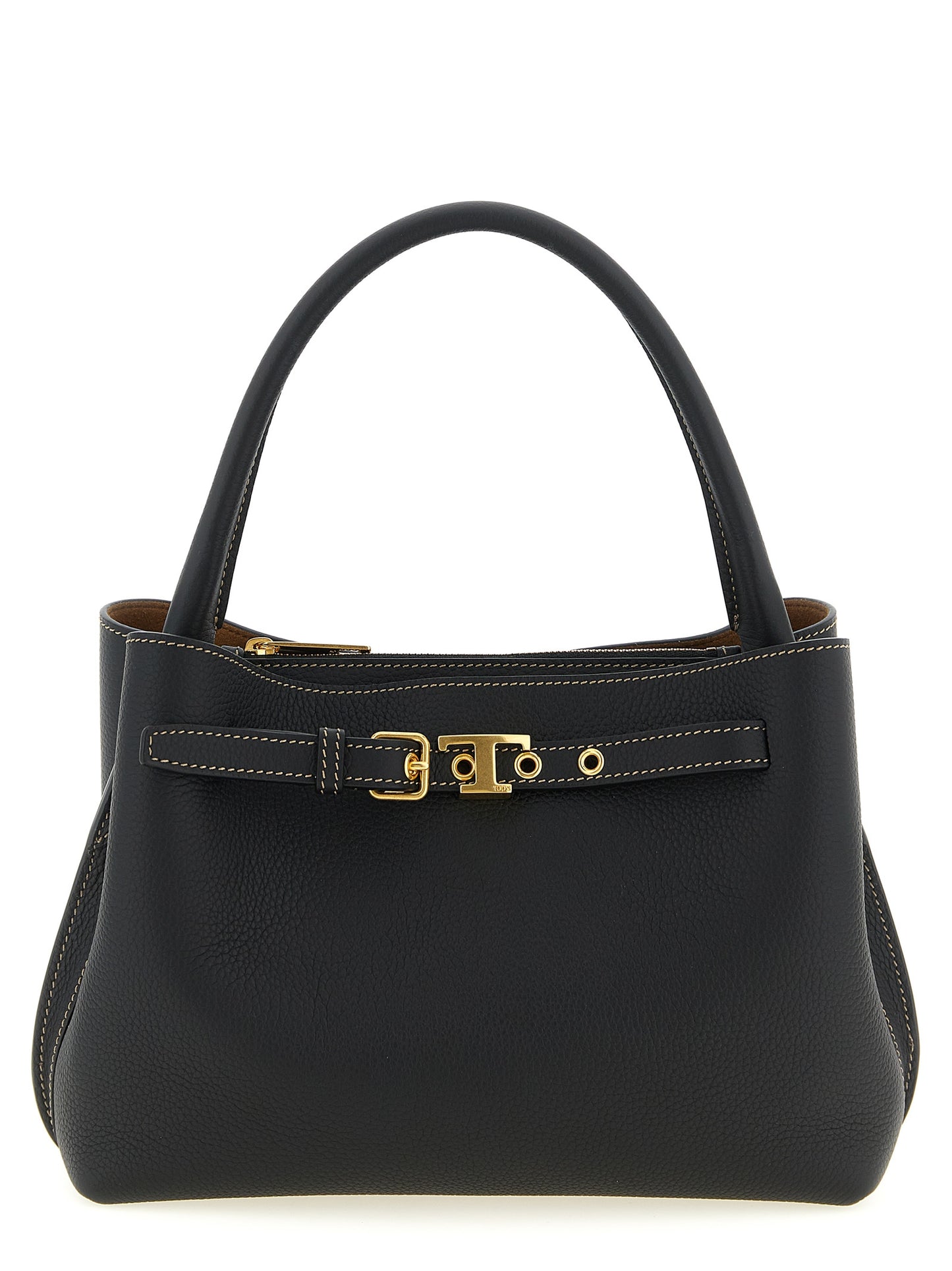 Mini Handbag by Tod's for women in calfskin leather black & signature features an refined silhouette, showcasing a secure zipper & buckle, ample built-in-compartments, and versatile shoulder-strap, adjustable-strap & belt-strap for a sophisticated refined aesthetic.