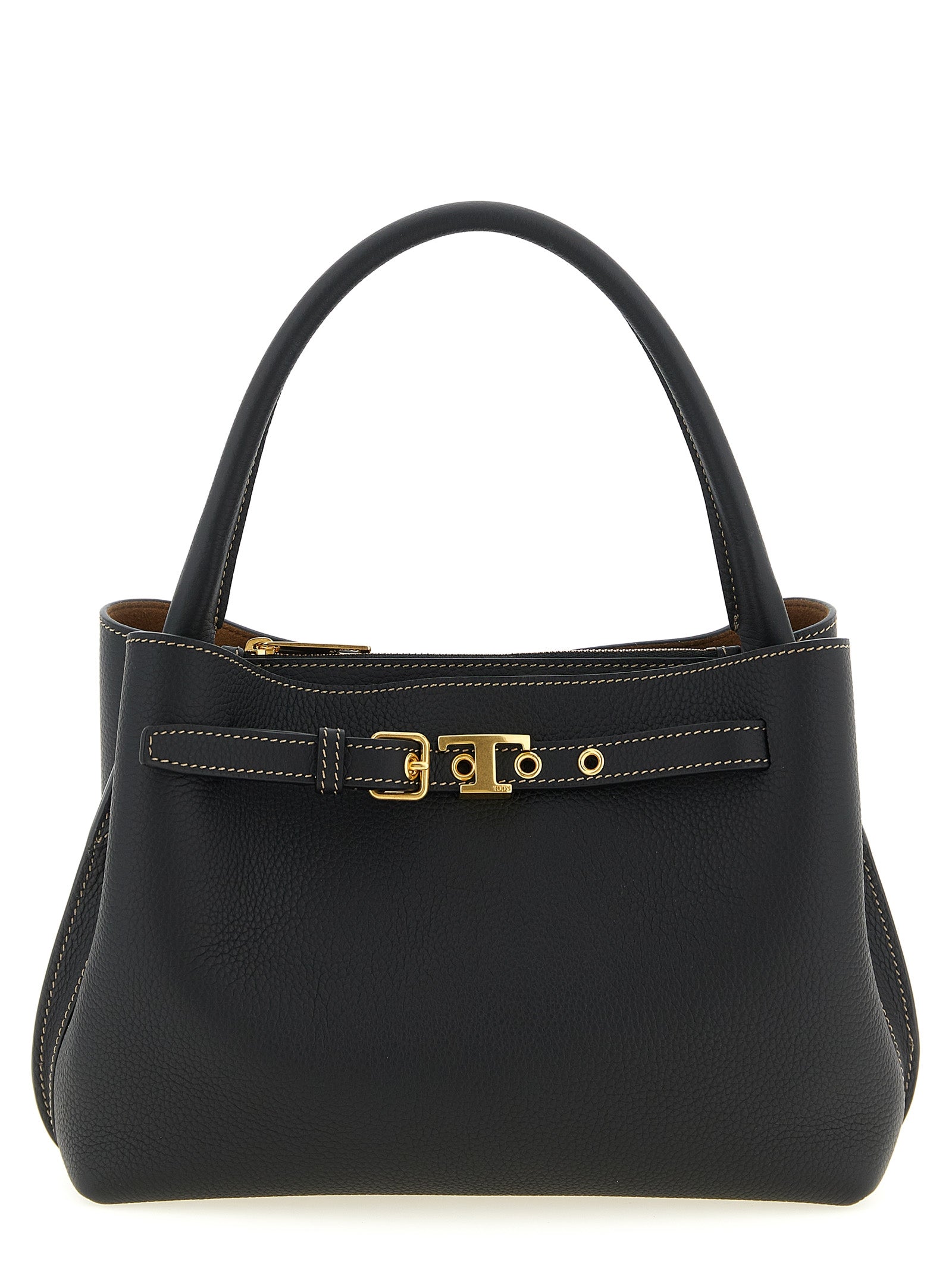 Mini Handbag by Tod's for women in calfskin leather black & signature features an refined silhouette, showcasing a secure zipper & buckle, ample built-in-compartments, and versatile shoulder-strap, adjustable-strap & belt-strap for a sophisticated refined aesthetic.