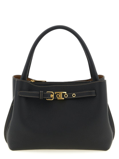 Mini Handbag by Tod's for women in calfskin leather black & signature features an refined silhouette, showcasing a secure zipper & buckle, ample built-in-compartments, and versatile shoulder-strap, adjustable-strap & belt-strap for a sophisticated refined aesthetic.