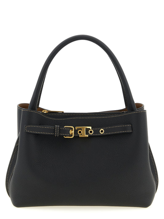 Mini Handbag by Tod's for women in calfskin leather black & signature features an refined silhouette, showcasing a secure zipper & buckle, ample built-in-compartments, and versatile shoulder-strap, adjustable-strap & belt-strap for a sophisticated refined aesthetic.