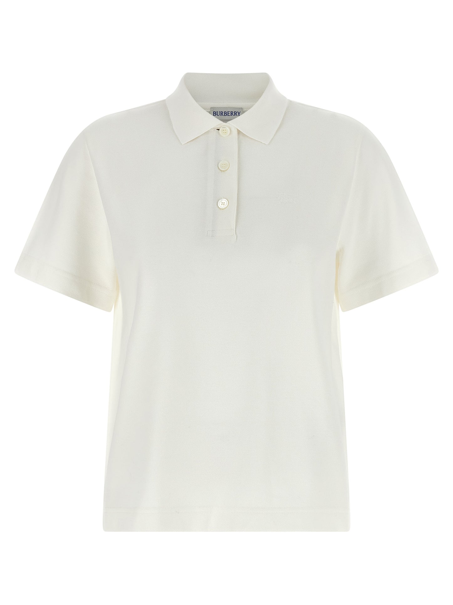 Polo Shirt by Burberry for women in cotton white showcases a sharp silhouette, detailed with a refined and sharp short-sleeve for a sophisticated finish.