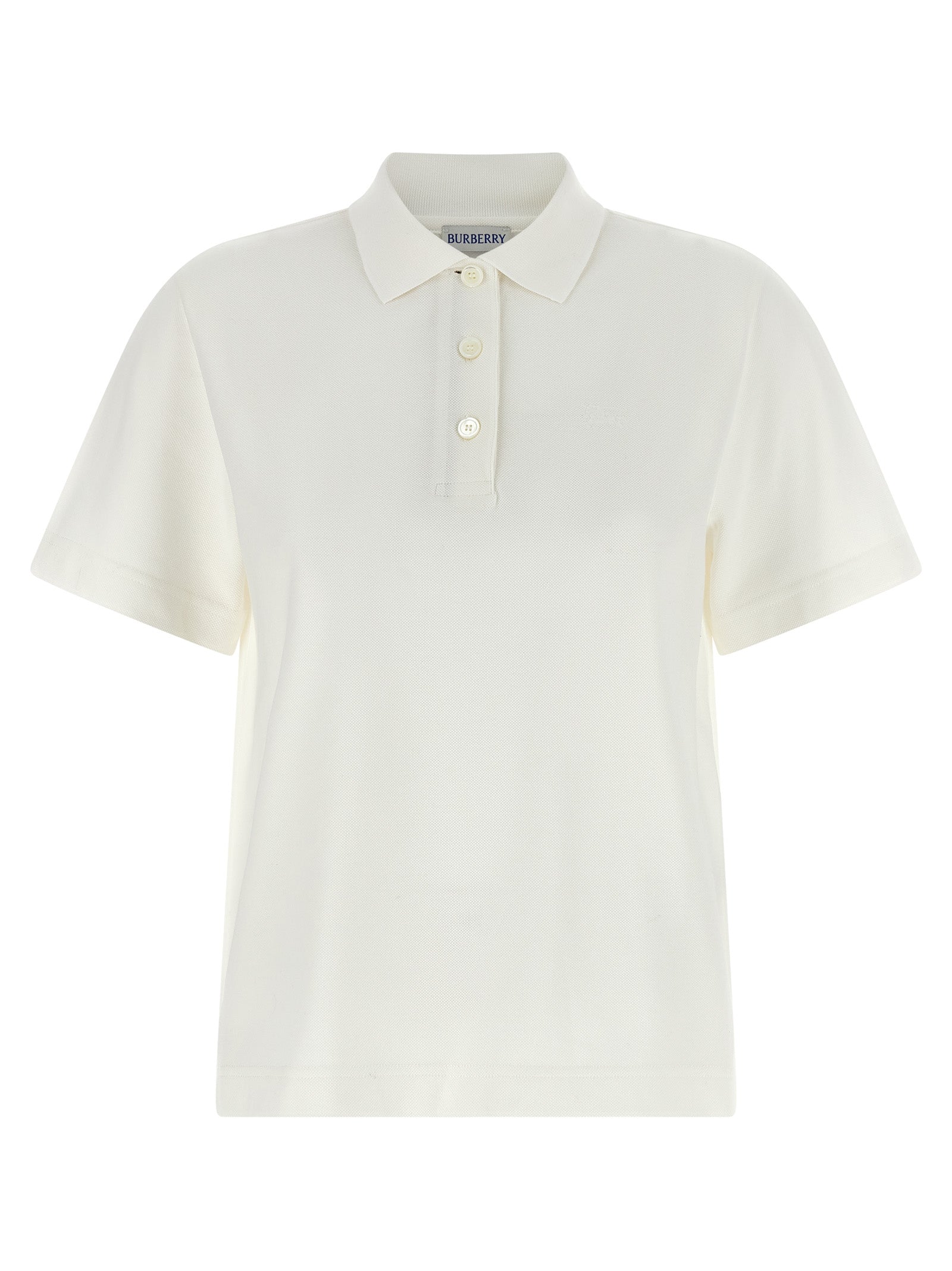 Polo Shirt by Burberry for women in cotton white showcases a sharp silhouette, detailed with a refined and sharp short-sleeve for a sophisticated finish.