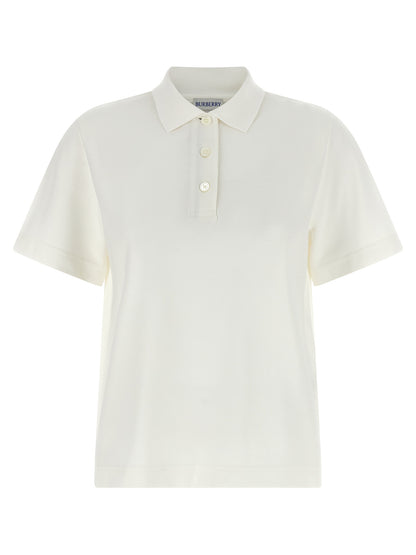 Polo Shirt by Burberry for women in cotton white showcases a sharp silhouette, detailed with a refined and sharp short-sleeve for a sophisticated finish.
