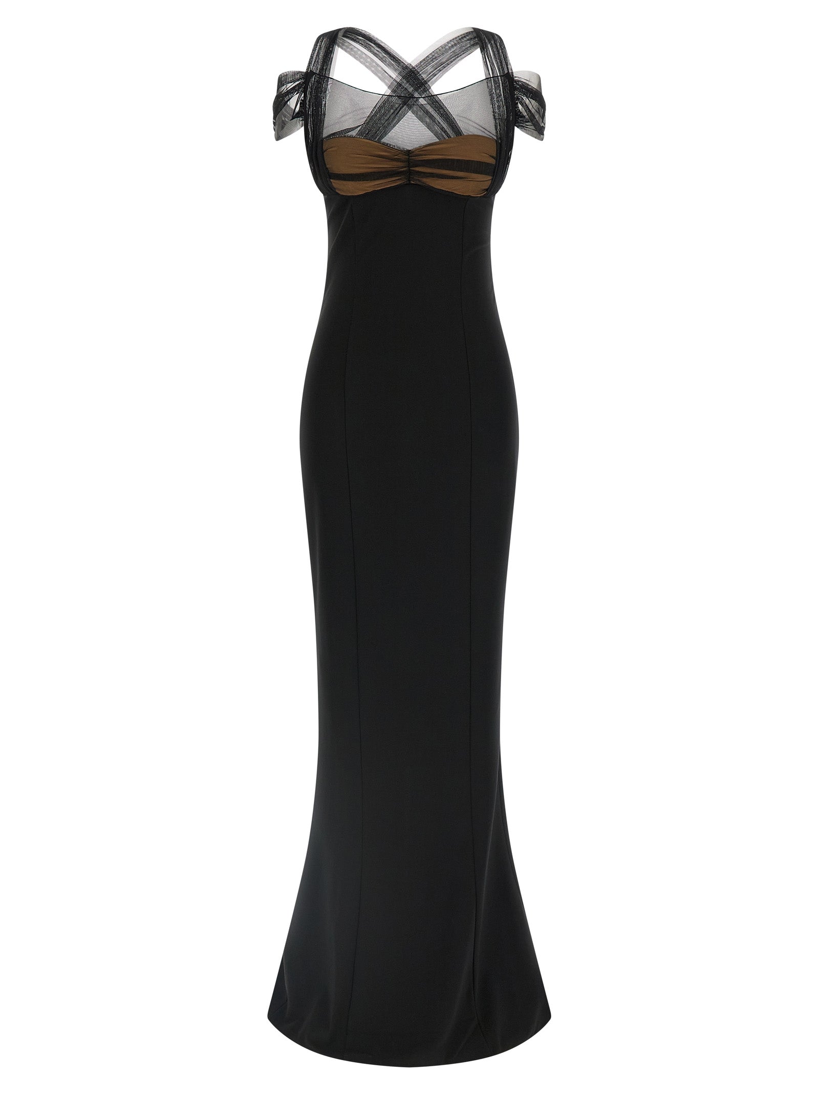 Dress by Nensi Dojaka for women in stretch viscose black & transparent features a dramatic silhouette, showcasing an elegant split neckline and sleeveless that flows into a dramatic maxi long.
