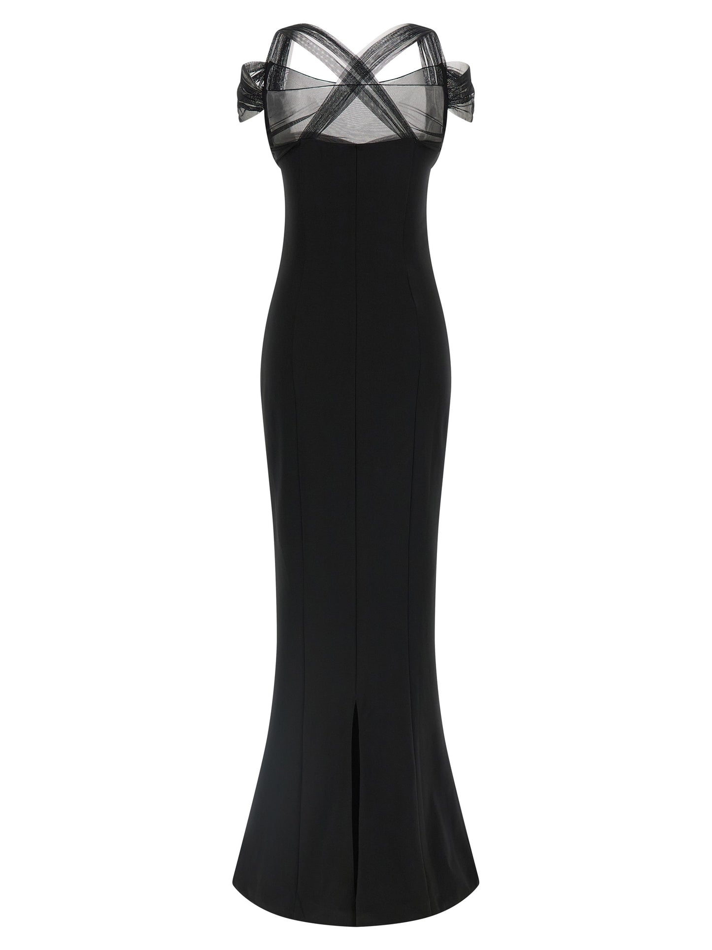 Dress by Nensi Dojaka for women in stretch viscose black & transparent features an magnificent silhouette, artfully detailed with a magnificent split neckline and that flows into an magnificent maxi long.