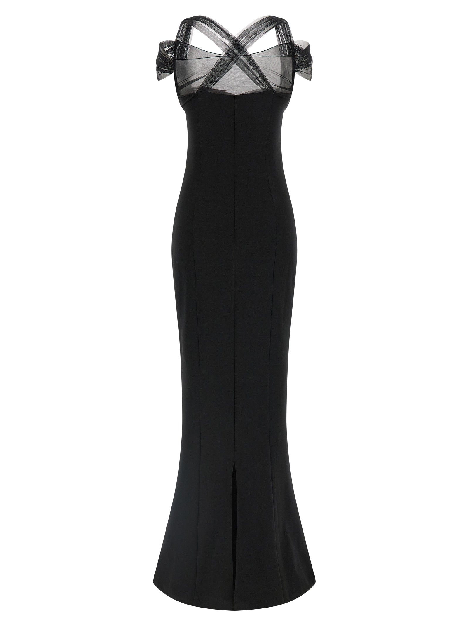 Dress by Nensi Dojaka for women in stretch viscose black & transparent features an magnificent silhouette, artfully detailed with a magnificent split neckline and that flows into an magnificent maxi long.