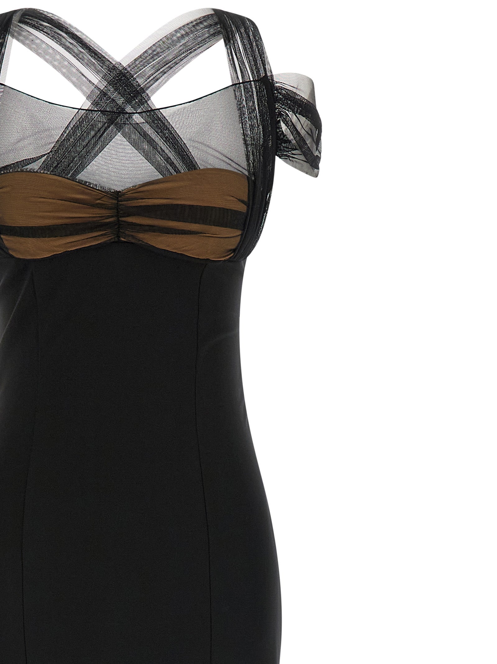 Dress by Nensi Dojaka for women in stretch viscose black & transparent showcases a striking silhouette, elegantly detailed with a , refined split neckline, and a striking maxi long for a striking finish.