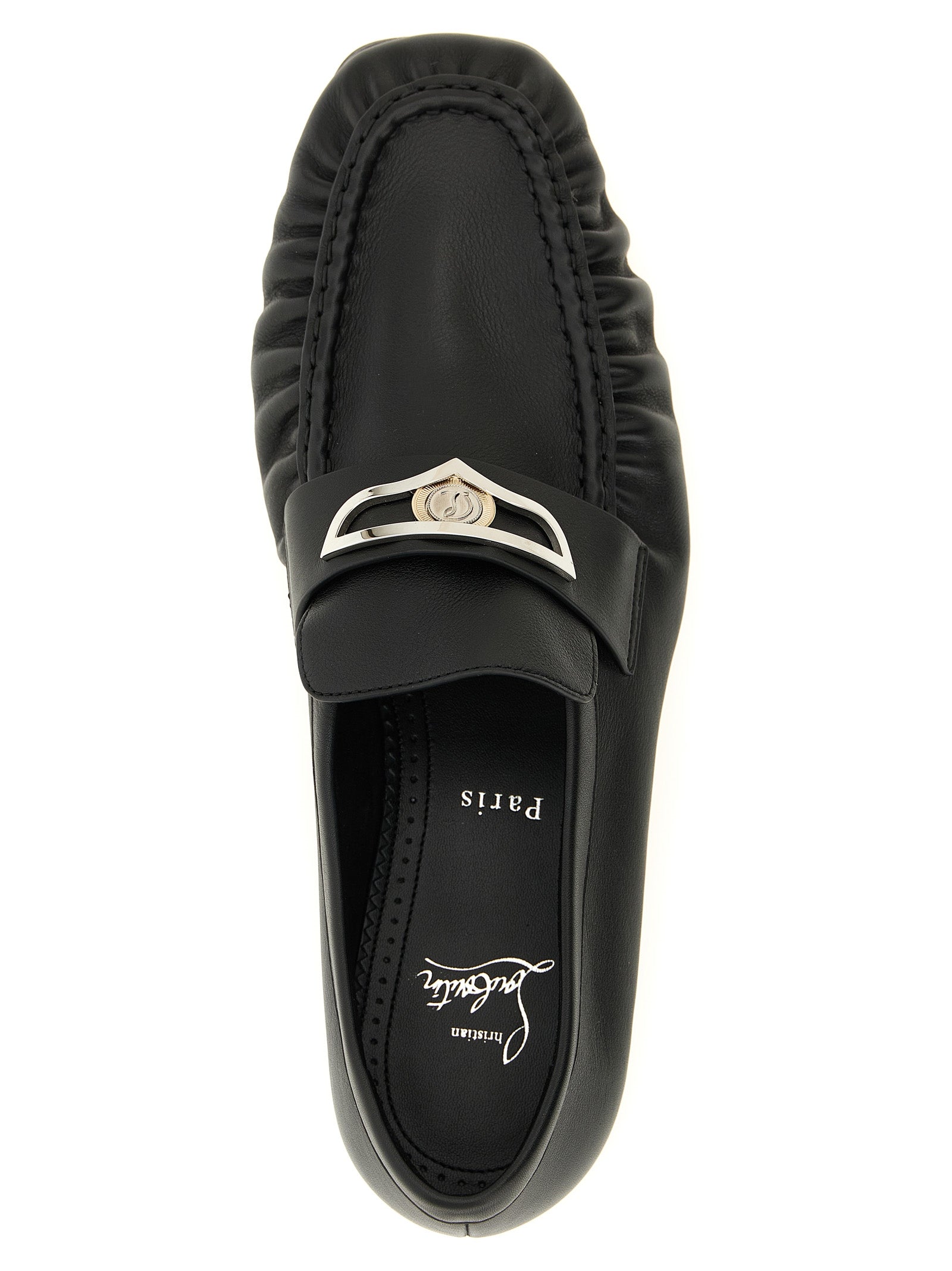 Loafer Slip-On Shoes by Christian Louboutin for men in bos taurus nappa calfskin leather black features an dynamic silhouette from the Men's Bos Taurus Nappa Calfskin Leather Loafer Slip-On Shoes collection, defined by a dynamic square toe style and for a dynamic look.