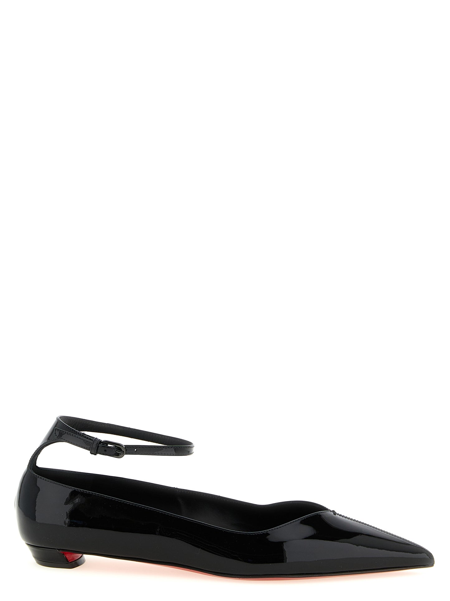 Ballet Flat Shoes by Christian Louboutin for women in calfskin leather black, red & signature presents a impeccable silhouette as Women's Calfskin Leather Ballet Flat Shoes, artfully designed with a and a impeccable pointed toe style for a refined, upscale finish.