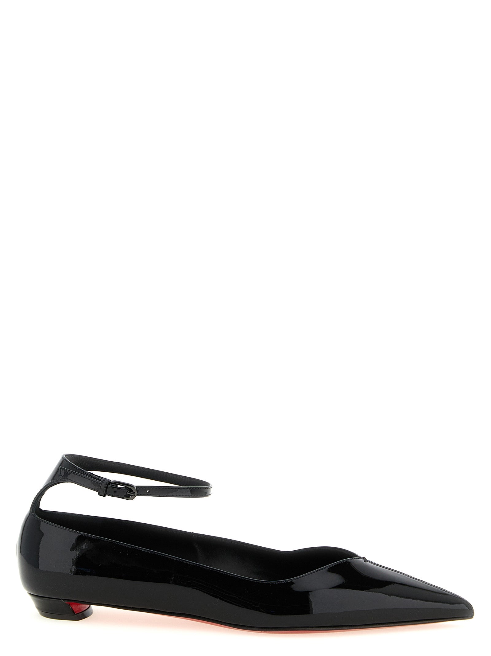 Ballet Flat Shoes by Christian Louboutin for women in calfskin leather black, red & signature presents a impeccable silhouette as Women's Calfskin Leather Ballet Flat Shoes, artfully designed with a and a impeccable pointed toe style for a refined, upscale finish.