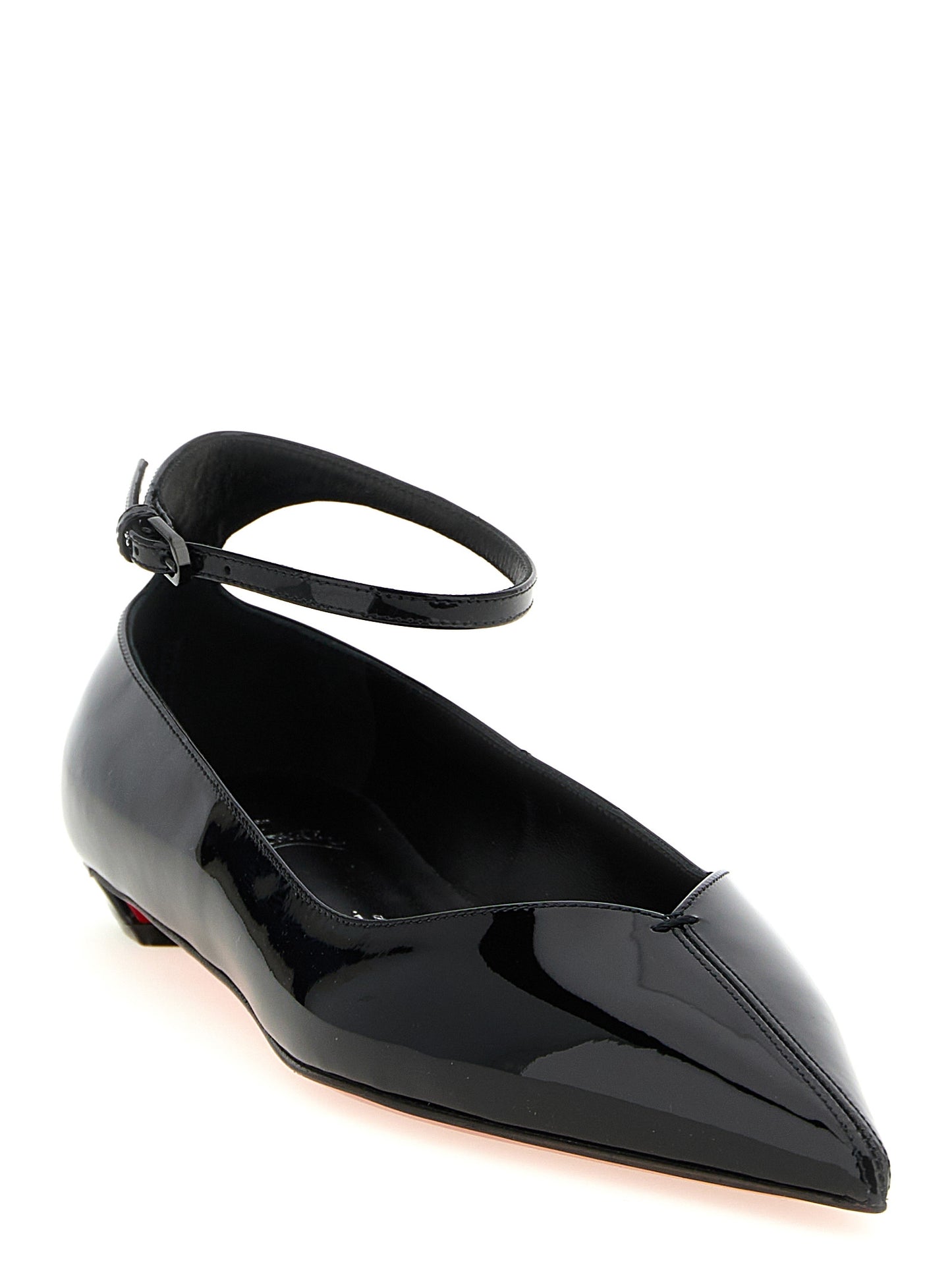 Ballet Flat Shoes by Christian Louboutin for women in calfskin leather black, red & signature presents a effortless chic silhouette, showcasing the Women's Calfskin Leather Ballet Flat Shoes design with a effortless chic and pointed toe style for a sophisticated look.