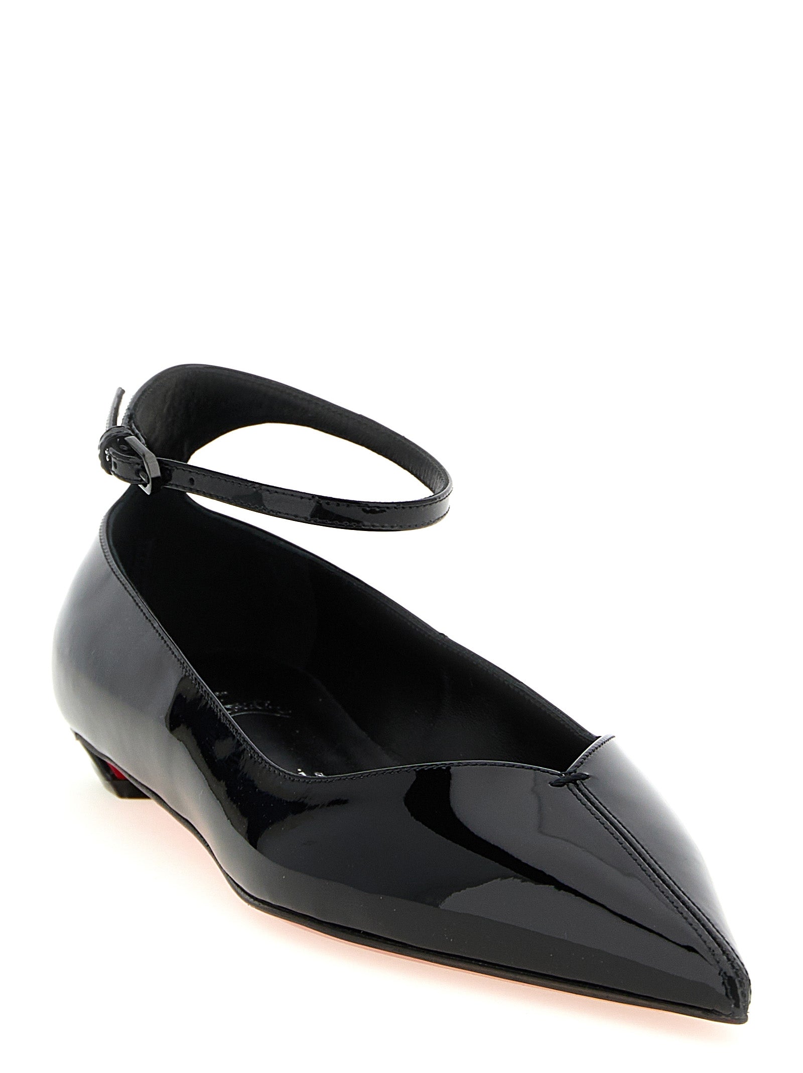 Ballet Flat Shoes by Christian Louboutin for women in calfskin leather black, red & signature presents a effortless chic silhouette, showcasing the Women's Calfskin Leather Ballet Flat Shoes design with a effortless chic and pointed toe style for a sophisticated look.