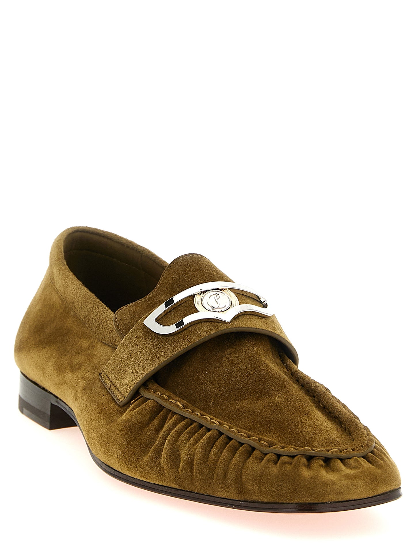 Loafer Slip-On Shoes by Christian Louboutin for men in calfskin leather brown & signature showcases a impeccable silhouette as Men's Calfskin Leather Loafer Slip-On Shoes, artfully designed with a impeccable and refined square toe style for a impeccable finish.