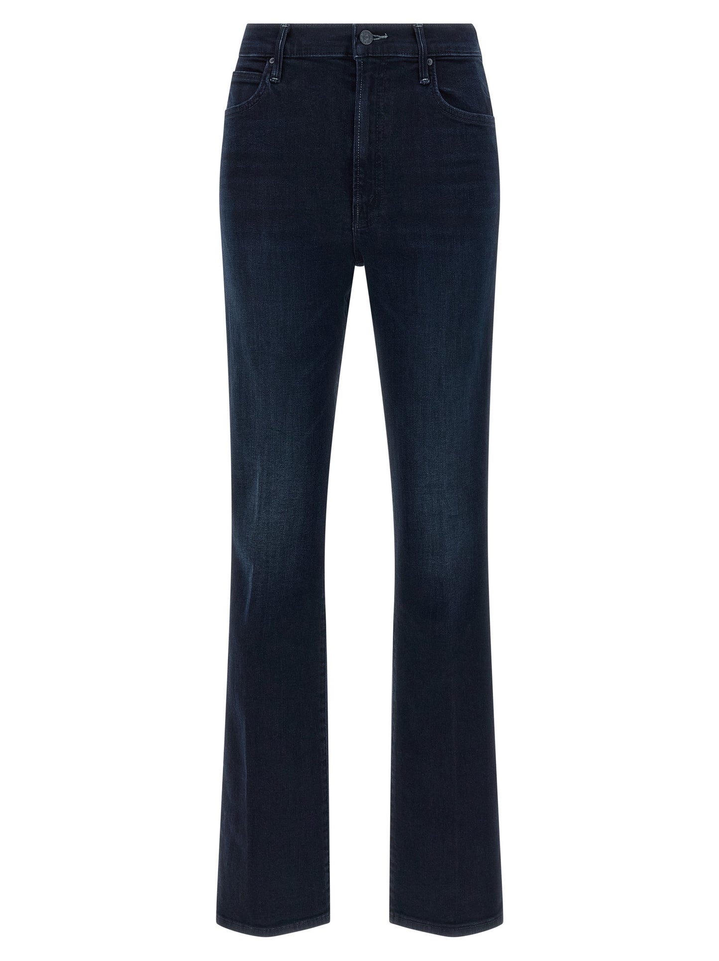 Jeans by Mother Denim for women in stretch denim cotton polyester blue features a polished silhouette with a polished flared, reaching a polished long and finished with a polished mid rise.