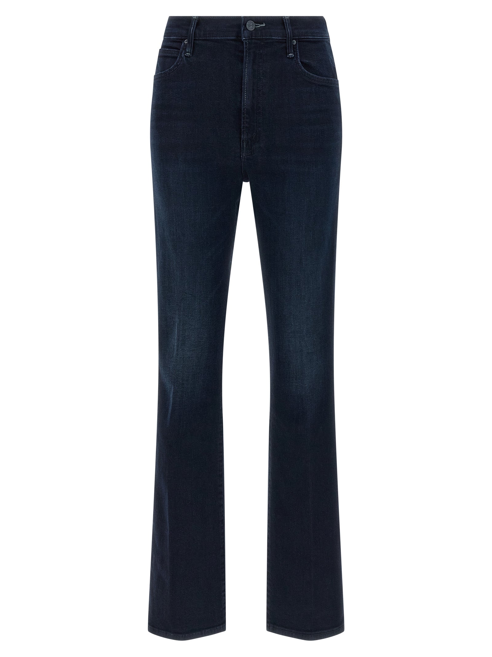 Jeans by Mother Denim for women in stretch denim cotton polyester blue features a polished silhouette with a polished flared, reaching a polished long and finished with a polished mid rise.