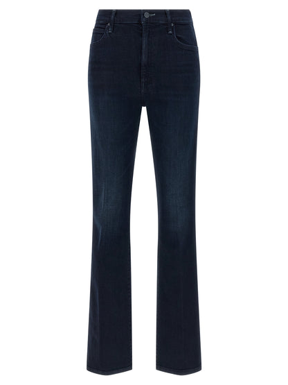 Jeans by Mother Denim for women in stretch denim cotton polyester blue features a polished silhouette with a polished flared, reaching a polished long and finished with a polished mid rise.