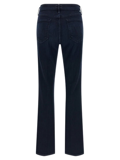 Jeans by Mother Denim for women in stretch denim cotton polyester blue presents a refined pantology silhouette, artfully defined by a refined pantology flared, long, and a sophisticated mid rise.