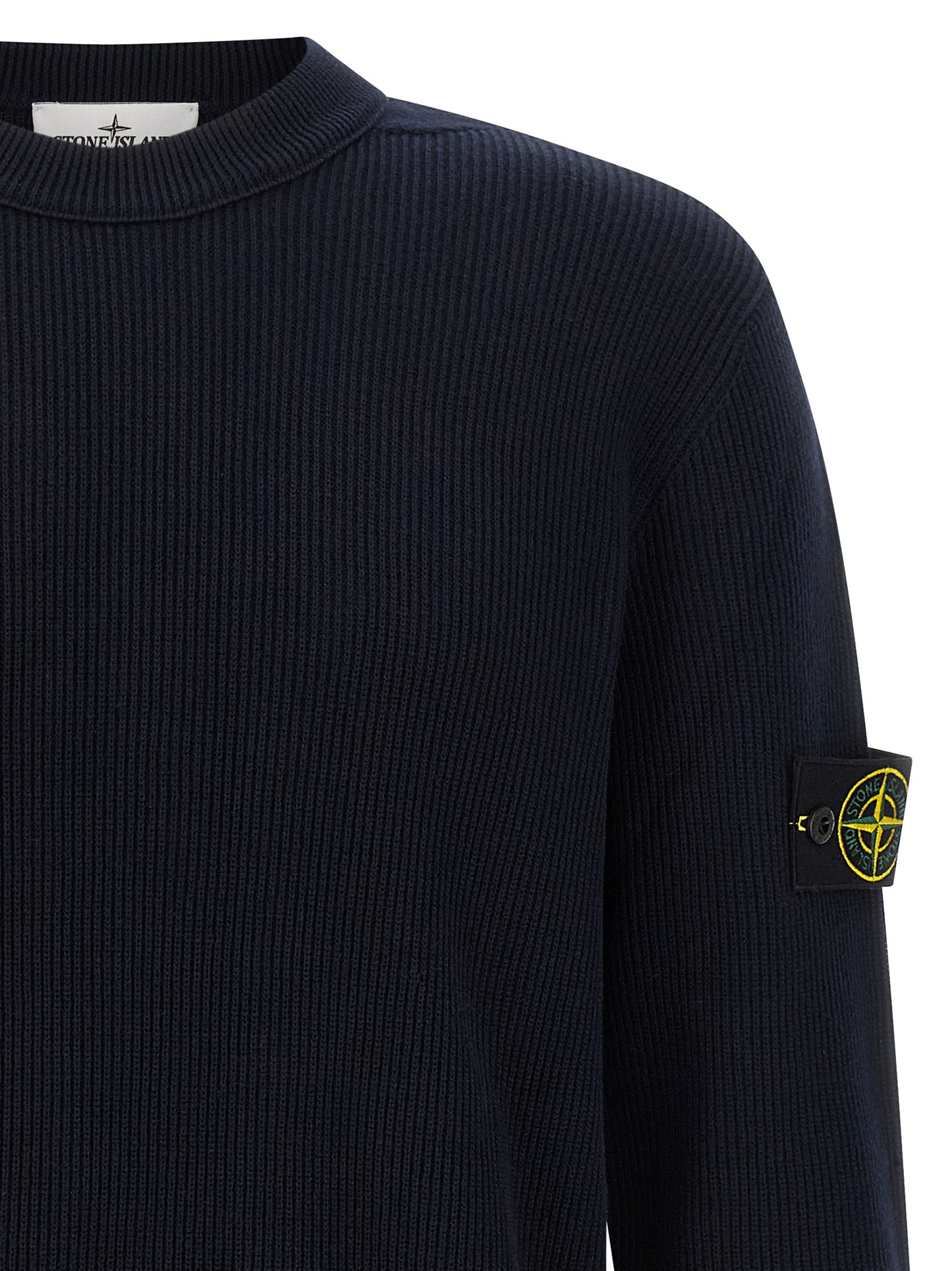 Cardigan by Stone Island for men in organic cotton blue features a dramatic silhouette, showcasing a sophisticated and dramatic detail for a timeless, premium look.