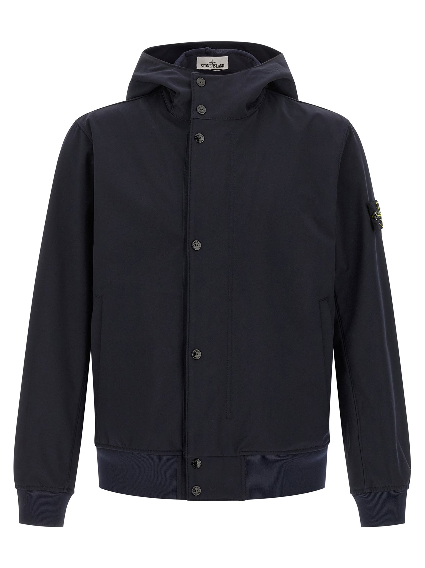 Hooded Windbreaker Jacket by Stone Island for men in stretch polyester canvas blue features an magnificent silhouette, showcasing the sophisticated hooded high-neck neckline and functional pockets, hooded & windproof for a premium, magnificent look.