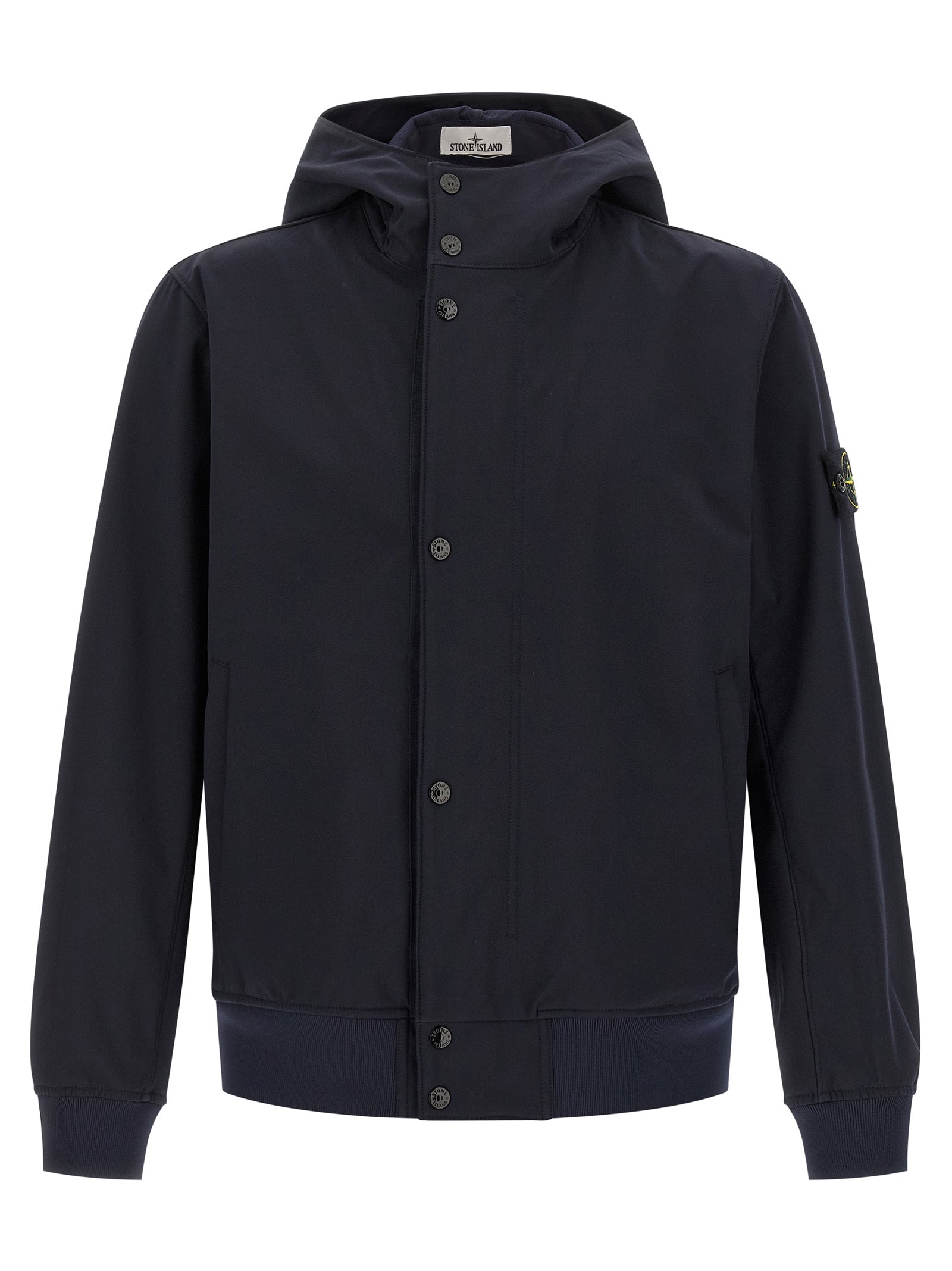 Hooded Windbreaker Jacket by Stone Island for men in stretch polyester canvas blue features an magnificent silhouette, showcasing the sophisticated hooded high-neck neckline and functional pockets, hooded & windproof for a premium, magnificent look.