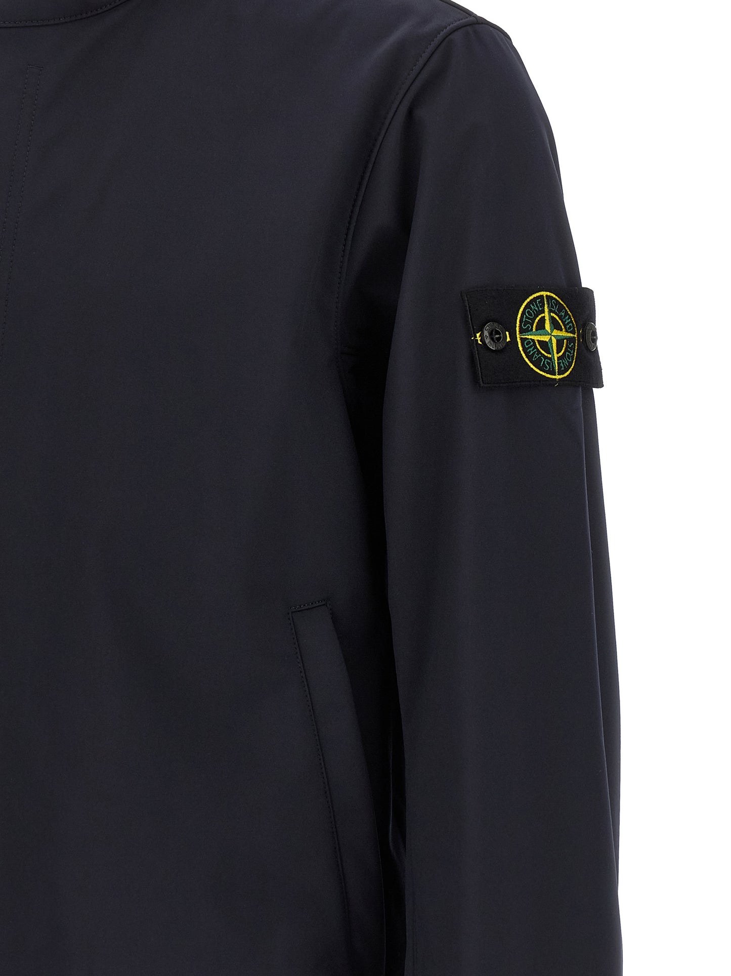 Hooded Windbreaker Jacket by Stone Island for men in stretch polyester canvas blue features an enduring silhouette, showcasing technical pockets, hooded & windproof and a sophisticated for a truly enduring aesthetic.