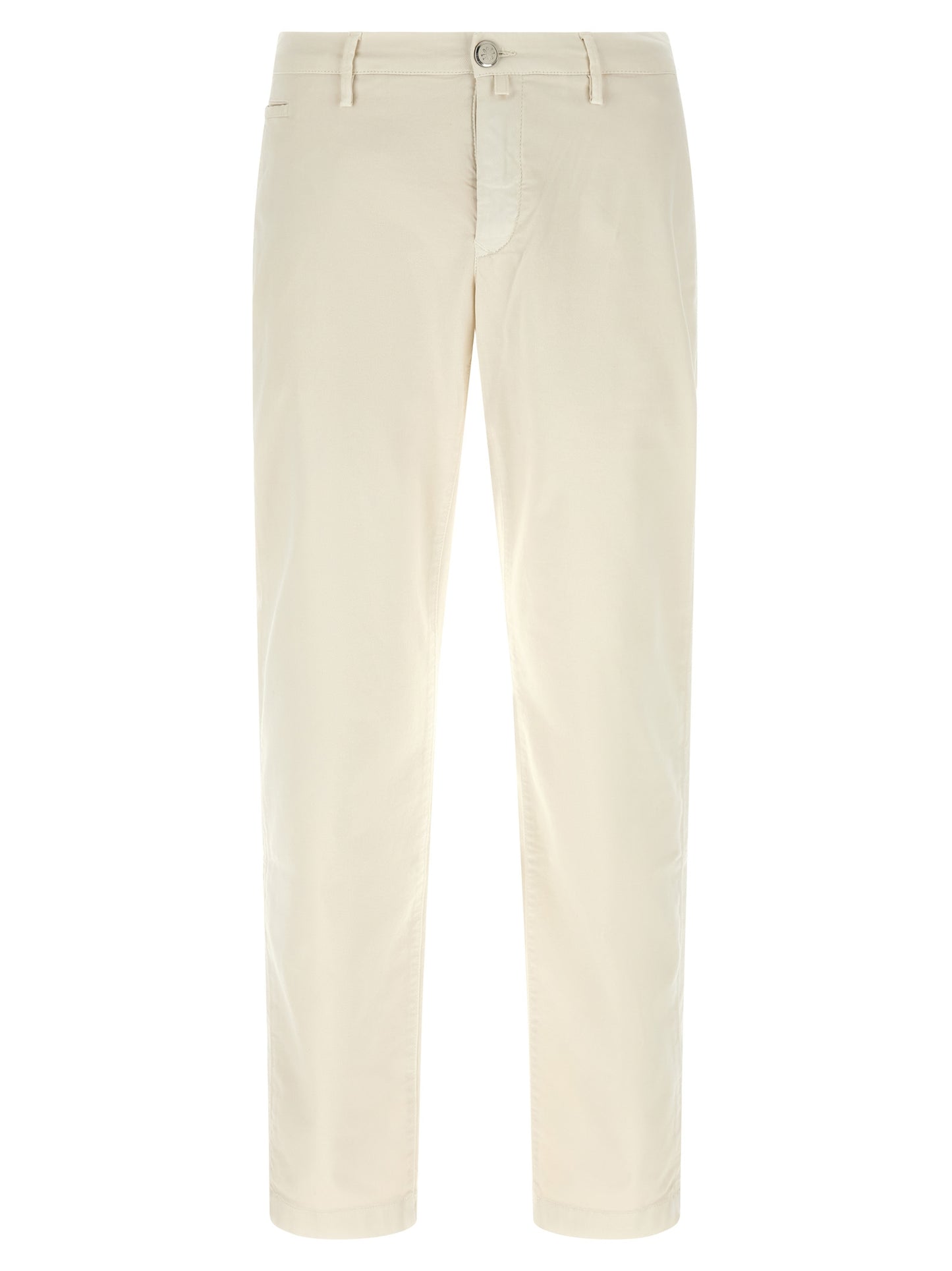 Chinos Pants by Jacob Cohen for men in stretch cotton white features an sharp straight-leg and long with a low rise, highlighting a sharp silhouette for a sophisticated look.