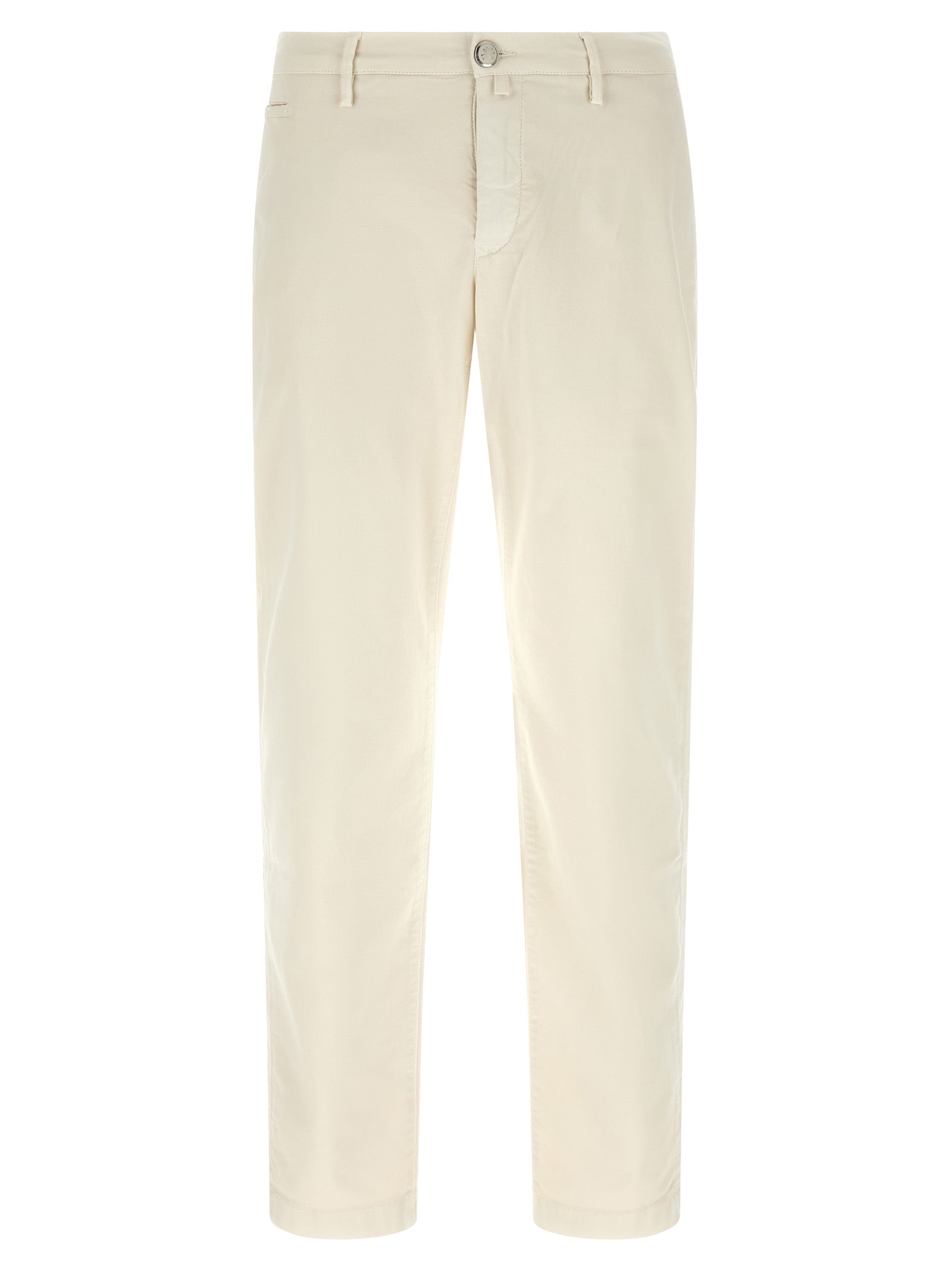 Chinos Pants by Jacob Cohen for men in stretch cotton white features an sharp straight-leg and long with a low rise, highlighting a sharp silhouette for a sophisticated look.