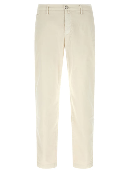 Chinos Pants by Jacob Cohen for men in stretch cotton white features an sharp straight-leg and long with a low rise, highlighting a sharp silhouette for a sophisticated look.