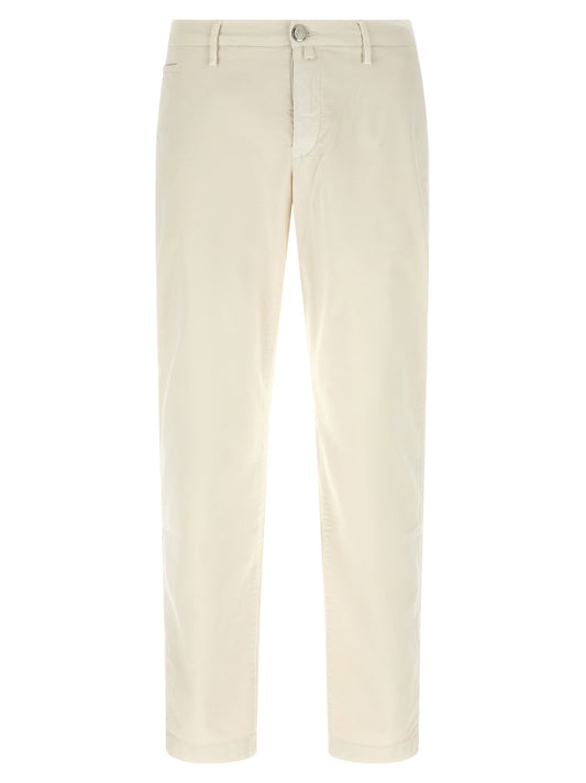 Chinos Pants by Jacob Cohen for men in stretch cotton white features an sharp straight-leg and long with a low rise, highlighting a sharp silhouette for a sophisticated look.