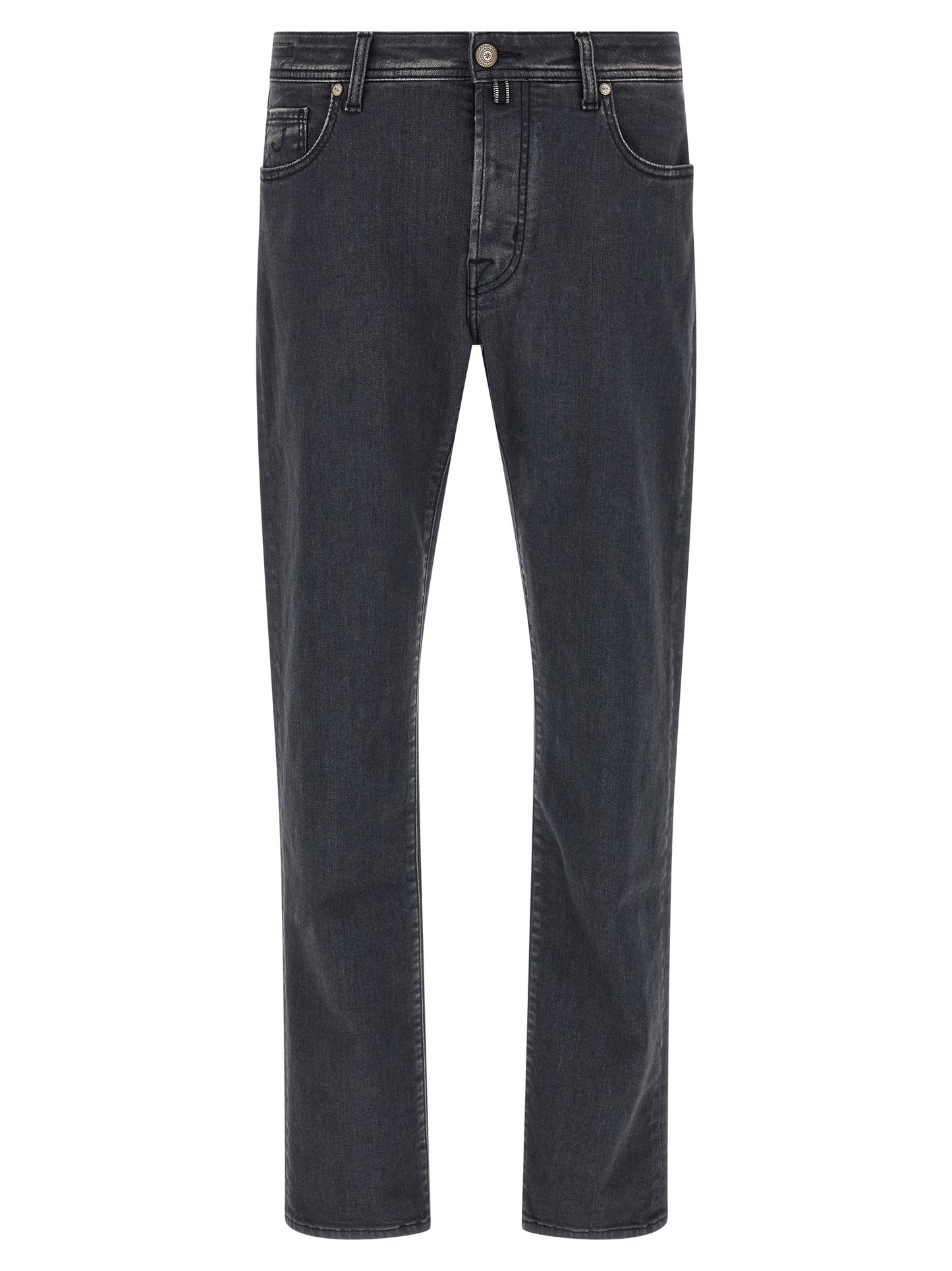 Jeans by Jacob Cohen for men in stretch denim cotton gray features a polished silhouette with a polished straight-leg, reaching a polished long and finished with a polished mid rise.