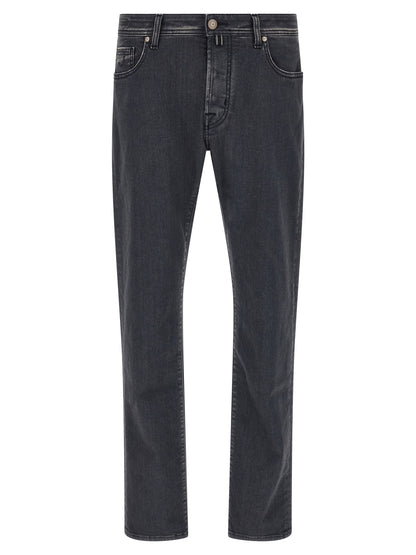 Jeans by Jacob Cohen for men in stretch denim cotton gray features a polished silhouette with a polished straight-leg, reaching a polished long and finished with a polished mid rise.