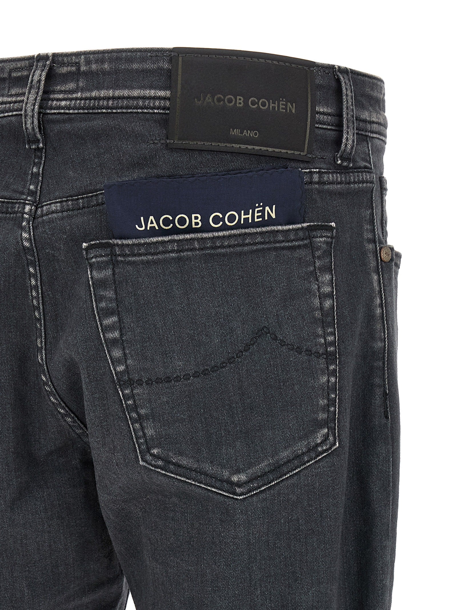Jeans by Jacob Cohen for men in stretch denim cotton gray features an refined tailoring silhouette, showcasing a premium straight-leg with a mid rise and long cut for a refined tailoring look.
