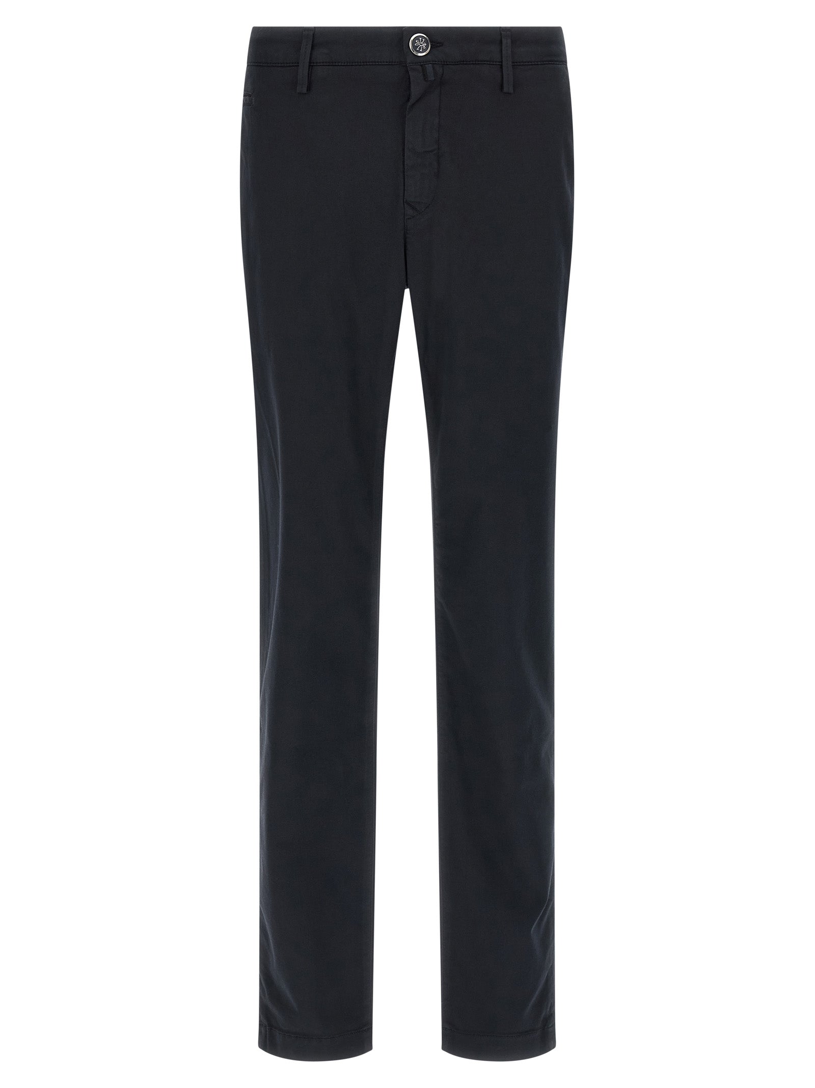 Chinos Pants by Jacob Cohen for men in stretch cotton & lyocell blue & signature presents a sartorial luxe silhouette, showcasing a sophisticated straight-leg with a long and low rise for a premium, sartorial luxe finish.