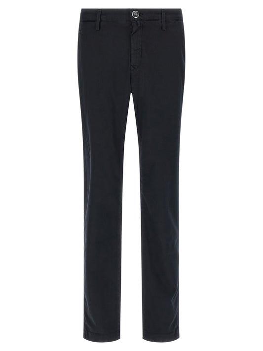 Chinos Pants by Jacob Cohen for men in stretch cotton & lyocell blue & signature presents a sartorial luxe silhouette, showcasing a sophisticated straight-leg with a long and low rise for a premium, sartorial luxe finish.