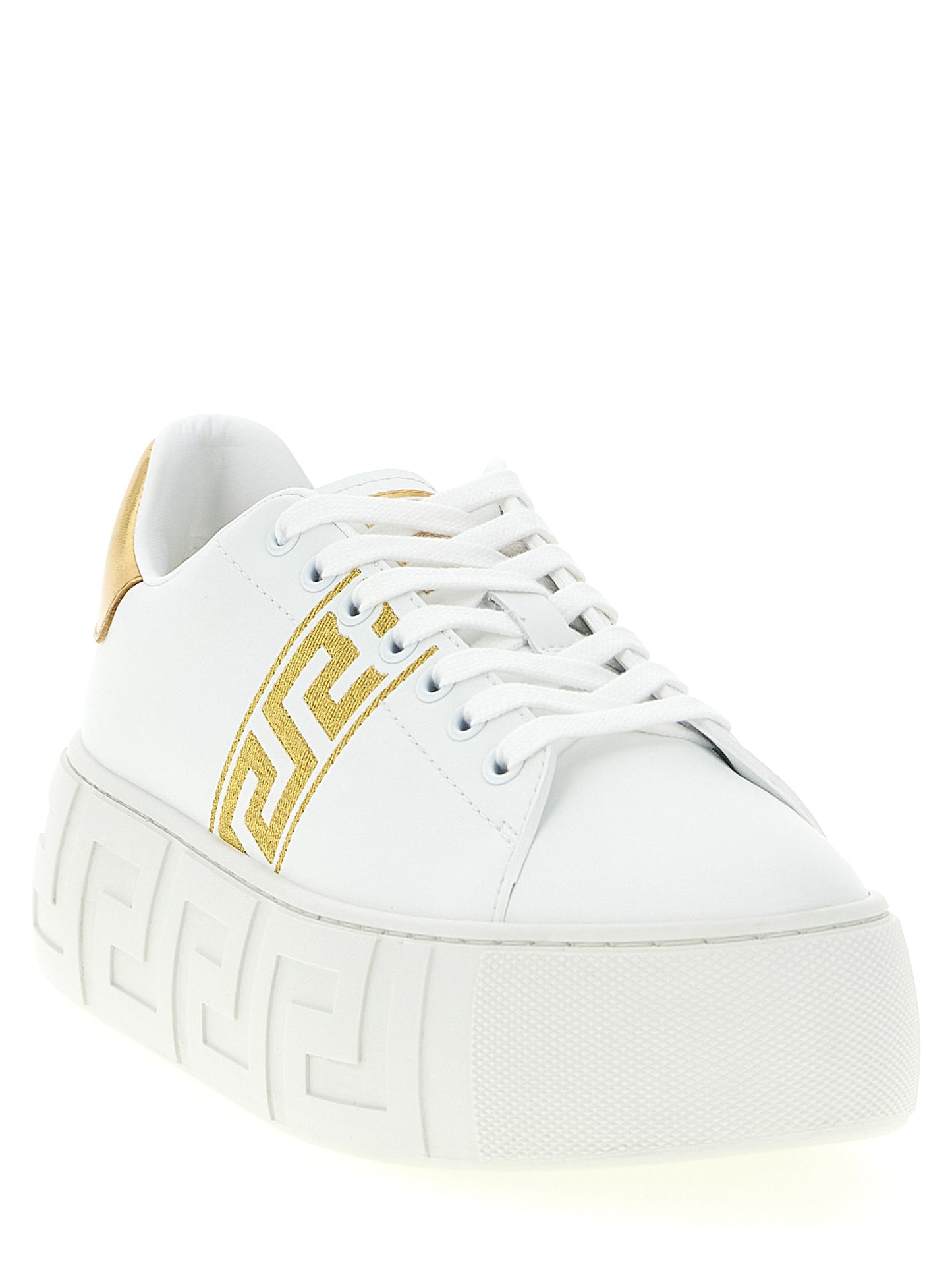 Sneakers by Versace for women in nylon leather gold features an timeless silhouette from the Women's Fashion Nylon Leather Sneakers collection, showcasing a signature fashion style with an timeless finish.