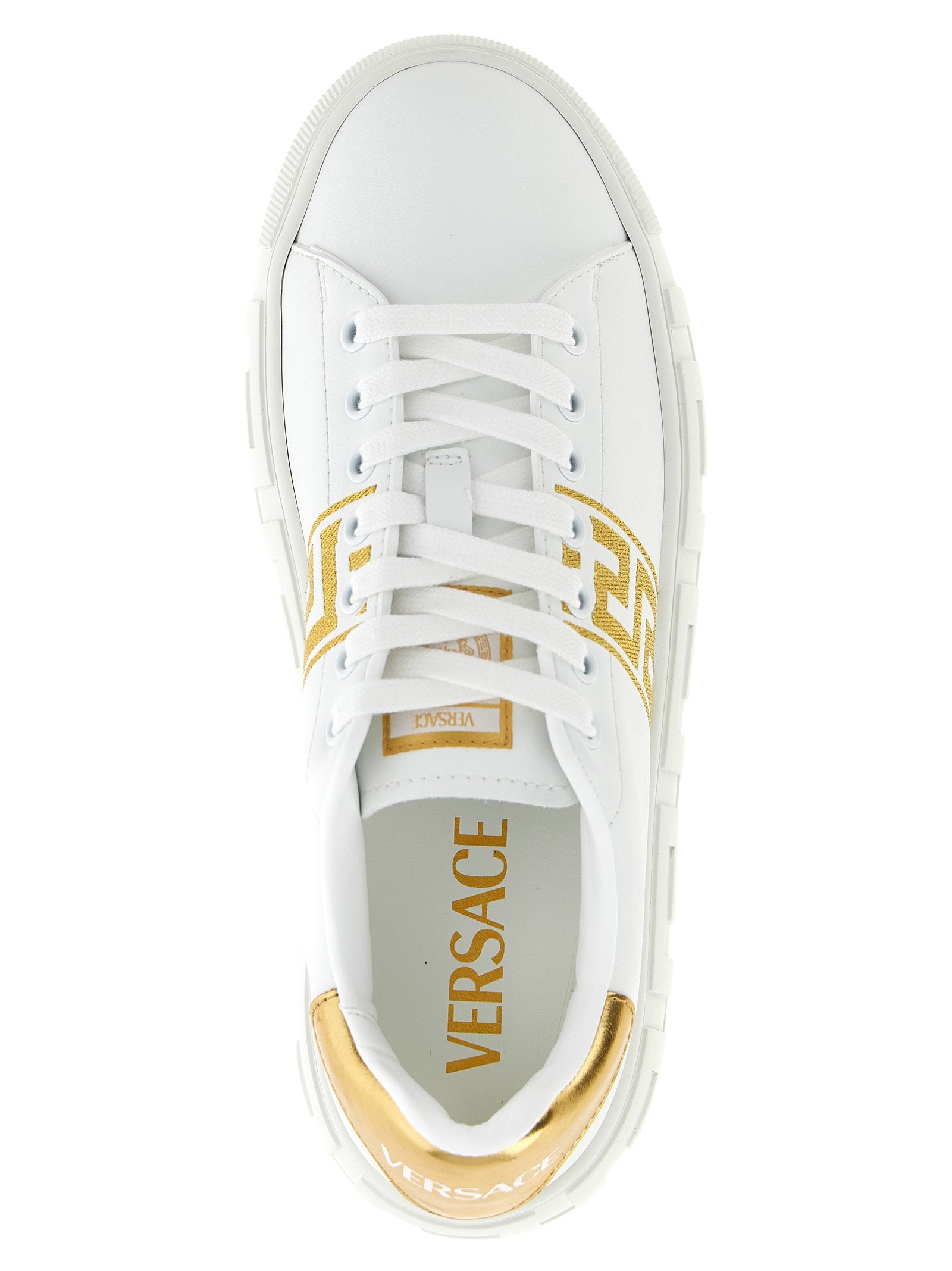 Sneakers by Versace for women in nylon leather gold presents a sumptuous silhouette, artfully capturing the essence of the Women's Fashion Nylon Leather Sneakers with its sumptuous fashion style design.