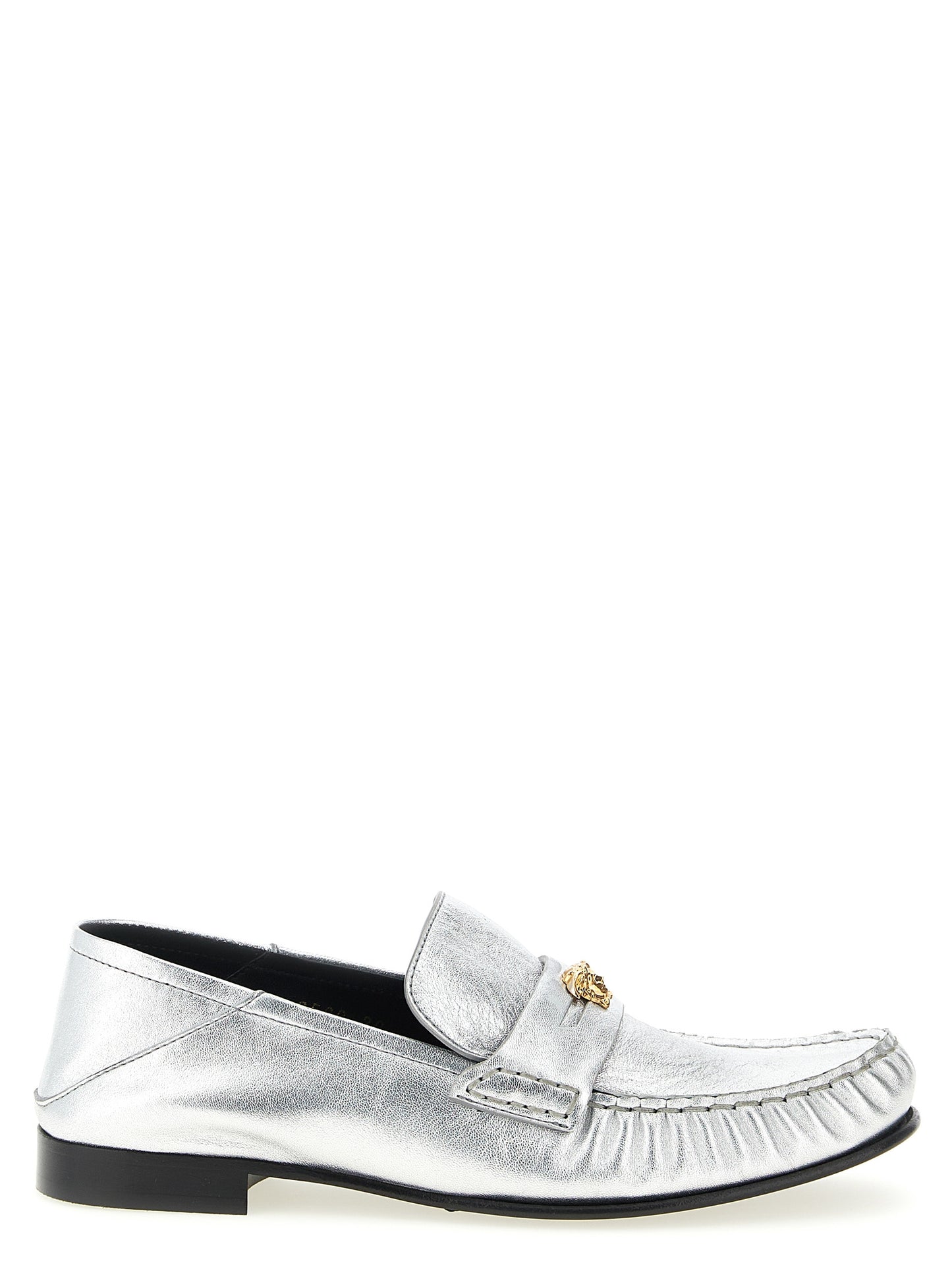 This Flat Loafer Slip-On Shoes by Versace for women in nappa lamb leather silver features an exquisite silhouette from the Medusa Women's Nappa Lamb Leather Flat Loafer Slip-On Shoes collection, defined by a sophisticated flat and elegant .