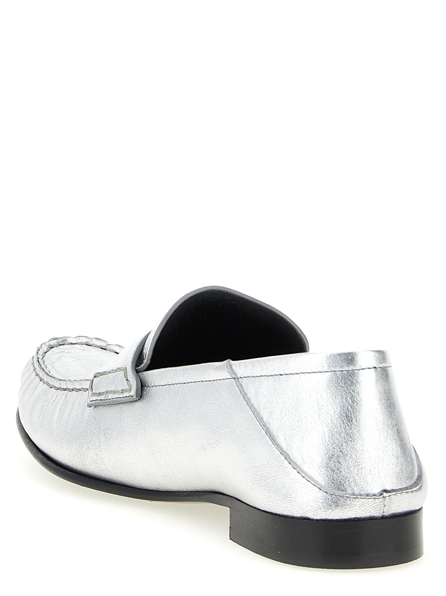 Flat Loafer Slip-On Shoes by Versace for women in nappa lamb leather silver features an effortless chic silhouette, showcasing the Medusa Women's Nappa Lamb Leather Flat Loafer Slip-On Shoes design with an effortless chic flat and a for a effortless chic look.