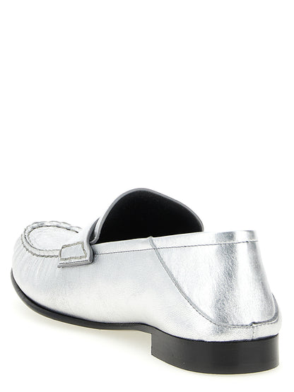 Flat Loafer Slip-On Shoes by Versace for women in nappa lamb leather silver features an effortless chic silhouette, showcasing the Medusa Women's Nappa Lamb Leather Flat Loafer Slip-On Shoes design with an effortless chic flat and a for a effortless chic look.