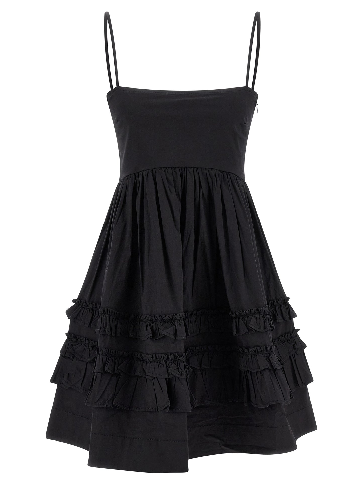 Dress by Ganni for women in stretch organic cotton black presents a sinuous silhouette, showcasing a sophisticated square neckline and detailed with a sinuous short mini for a refined finish.