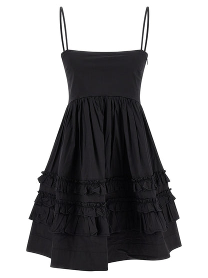 Dress by Ganni for women in stretch organic cotton black presents a sinuous silhouette, showcasing a sophisticated square neckline and detailed with a sinuous short mini for a refined finish.